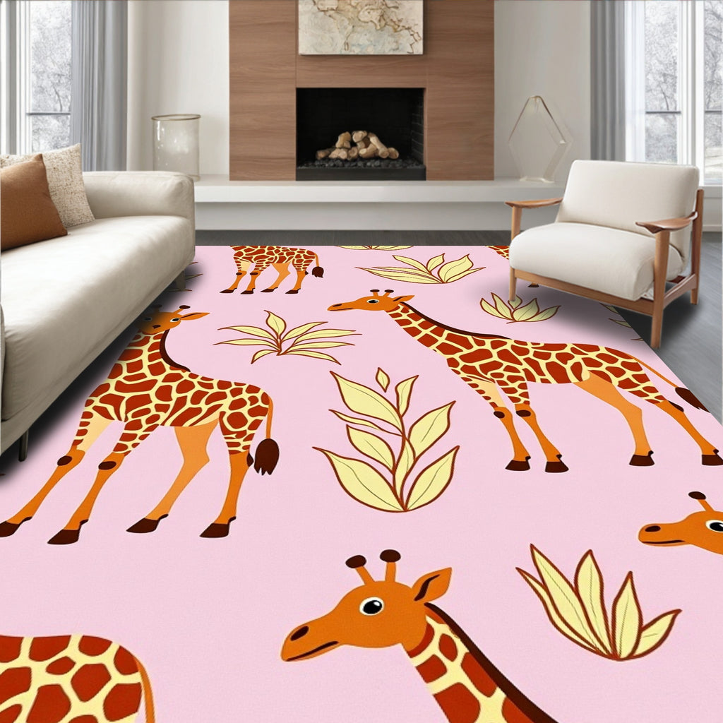 Playful Pink Giraffe Foliage Rug