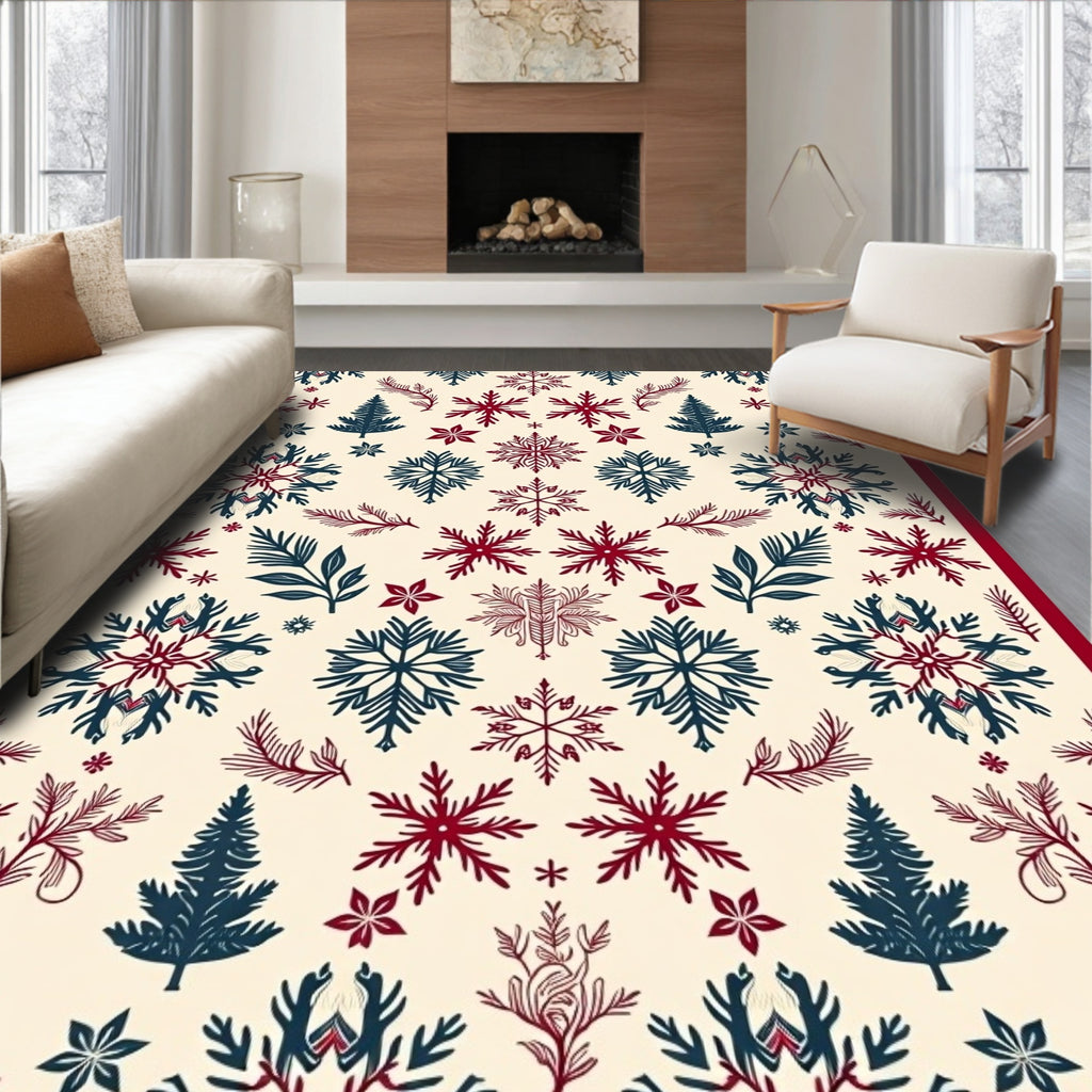 Winter Red Blue Snowflake Forest Rug
