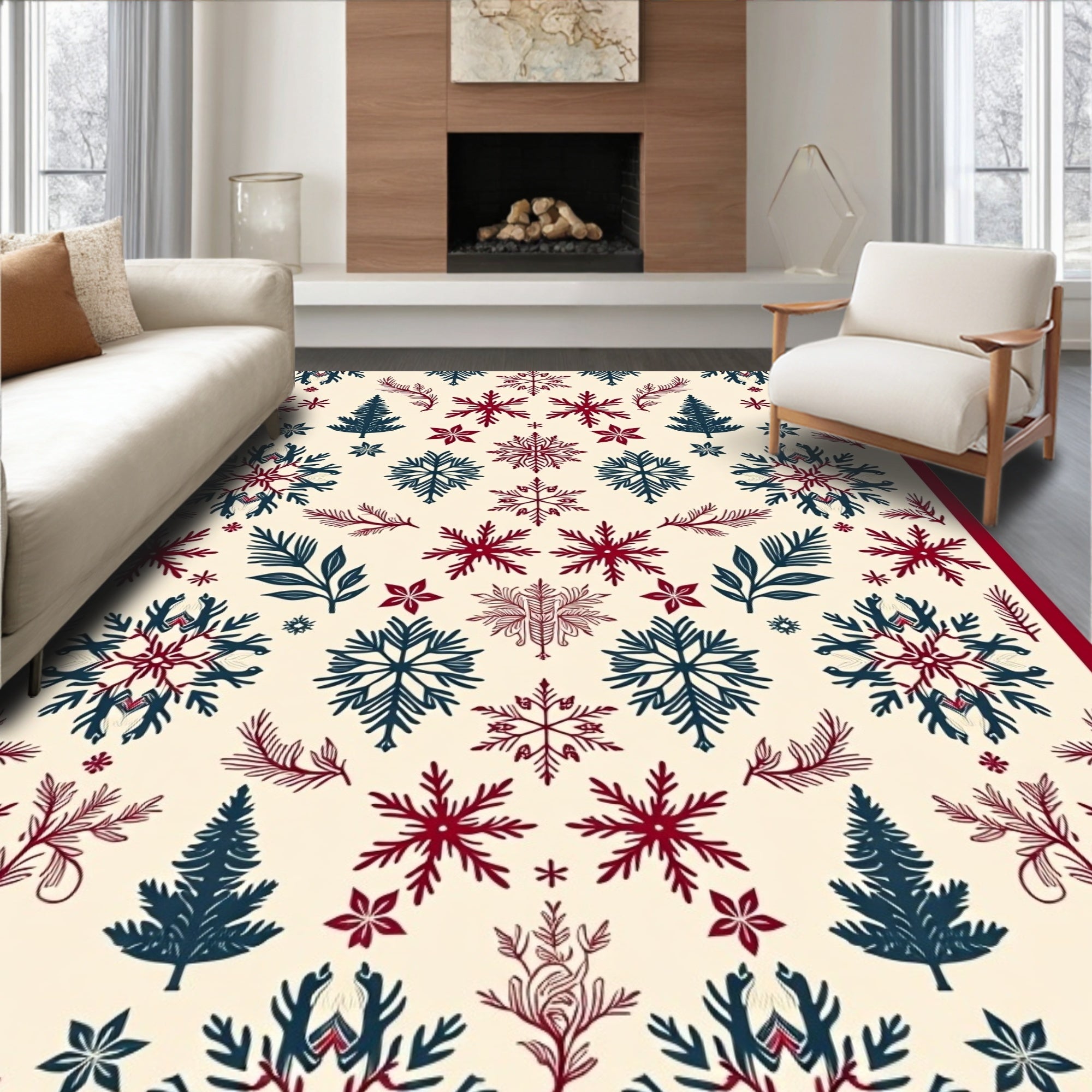 Winter Red Blue Snowflake Forest Rug