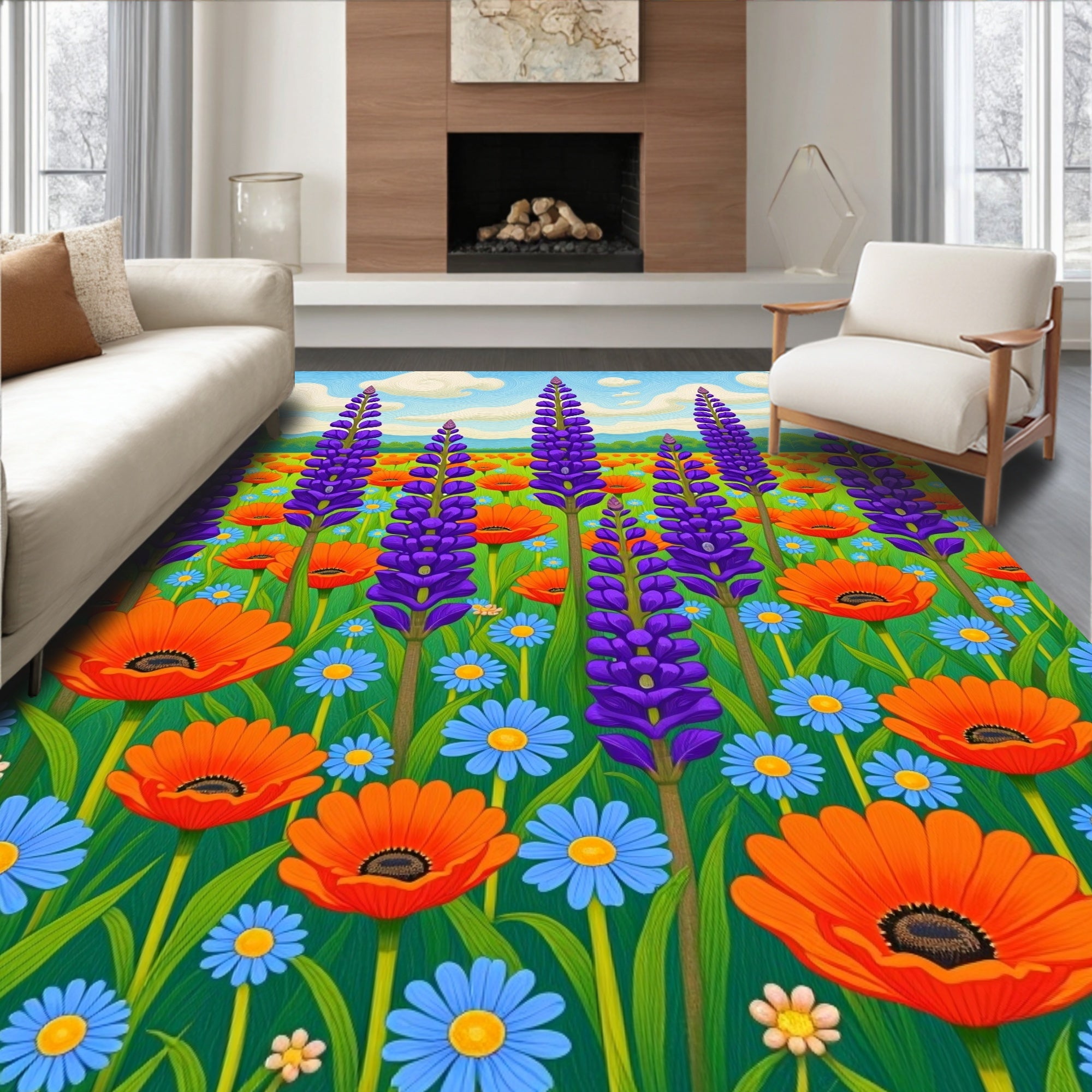 Vibrant Orange Blue Purple Meadow Rug