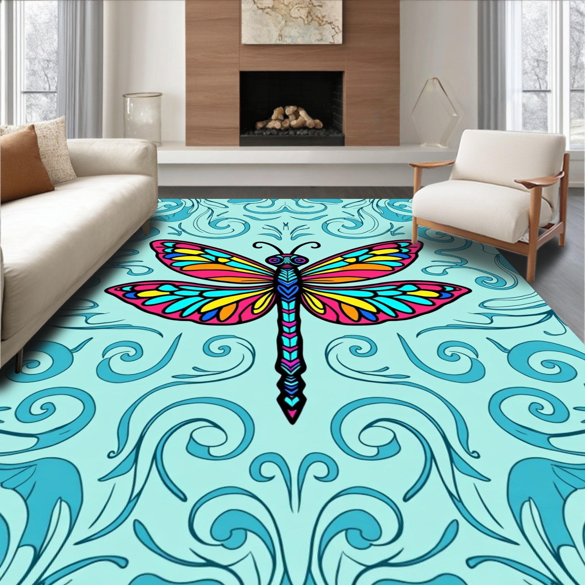 Vibrant Dragonfly Teal Swirl Rug