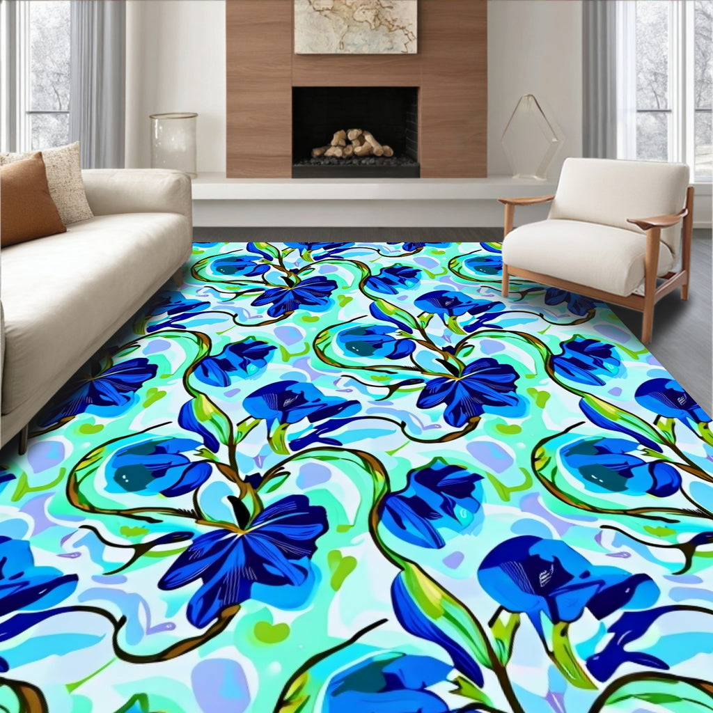 Vivid Blue Blooming Vine Swirls Rug