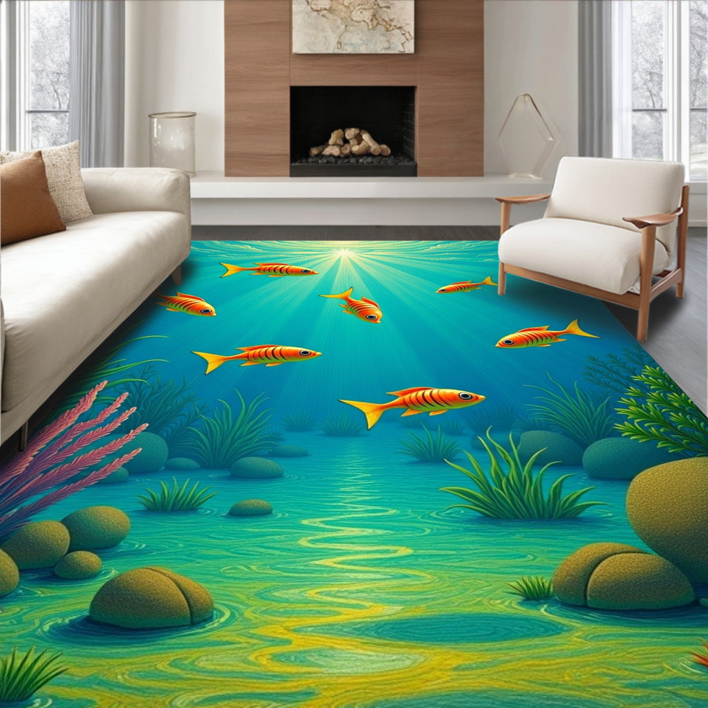Vibrant Orange Striped Fish Underwater Scene Rug