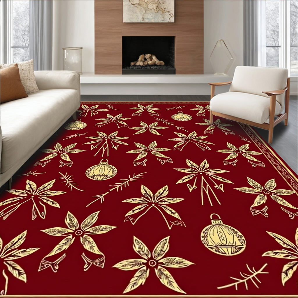 Crimson Poinsettia and Ornament Medallion Rug