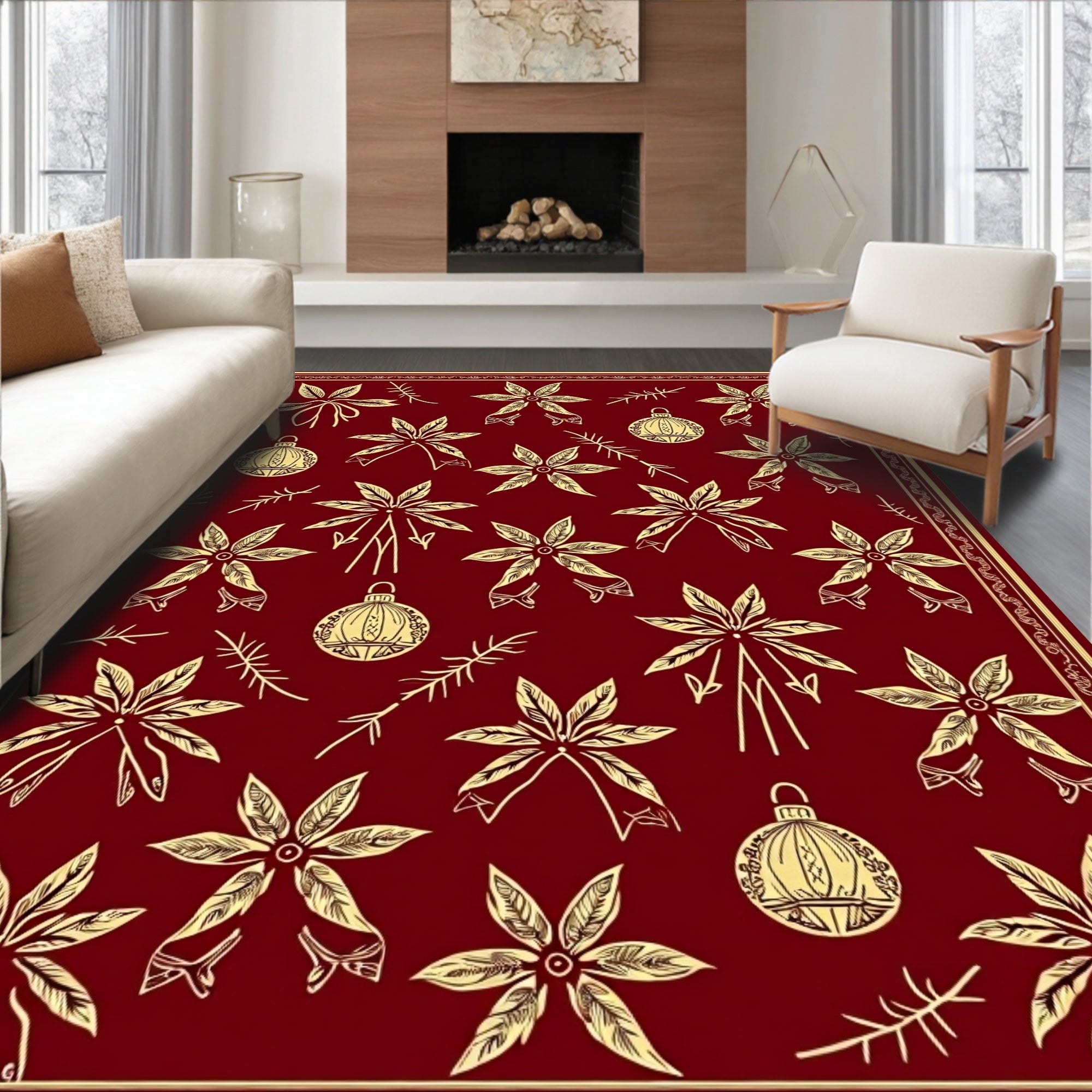 Crimson Poinsettia and Ornament Medallion Rug