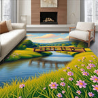 Serene Woodland Bridge Pink Floral Meadow Rug
