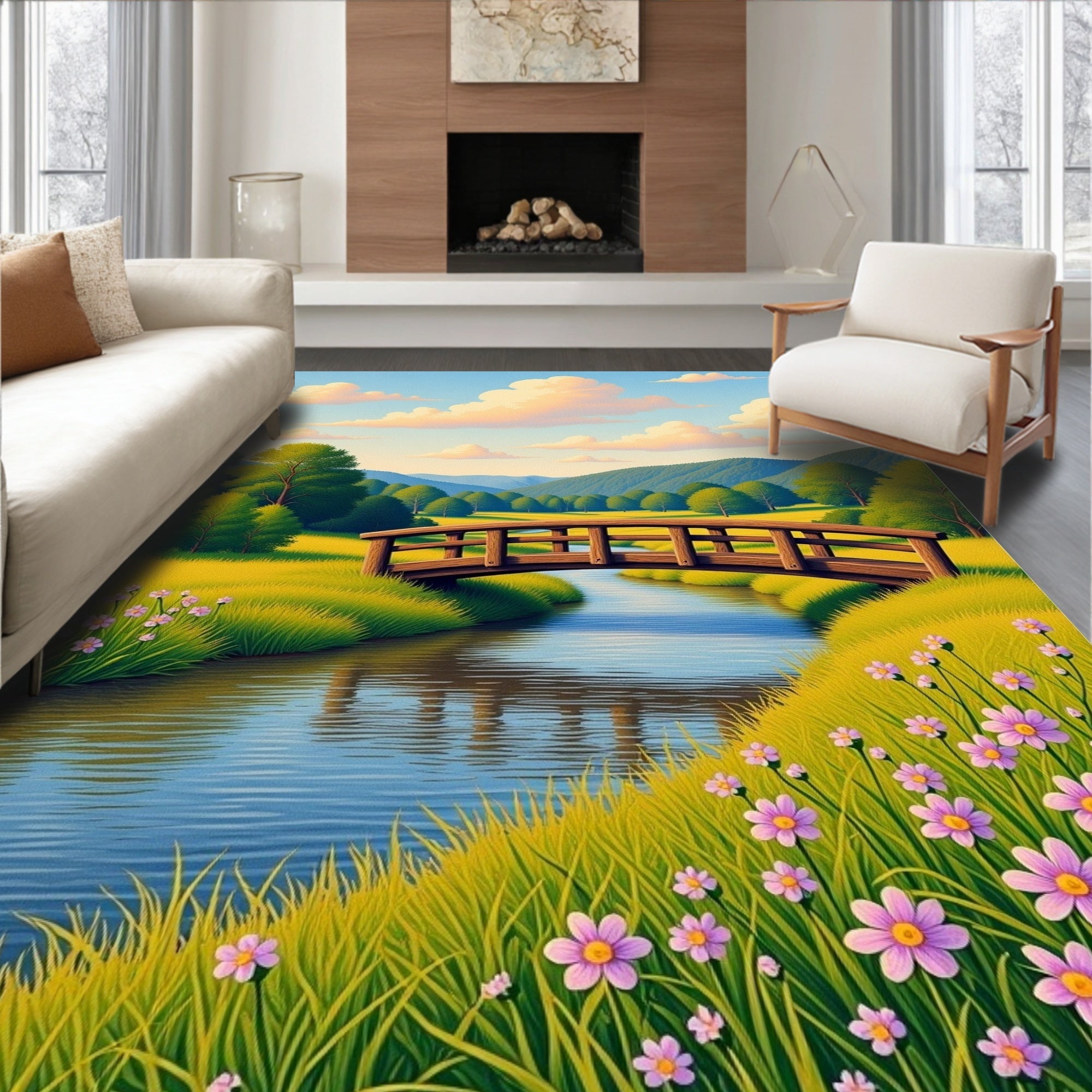 Serene Woodland Bridge Pink Floral Meadow Rug