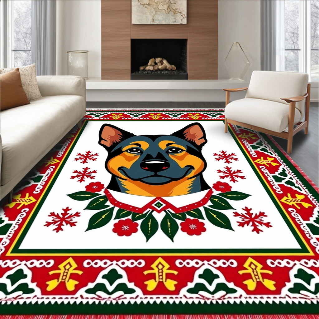 Festive Dog Portrait Red Green Border Rug