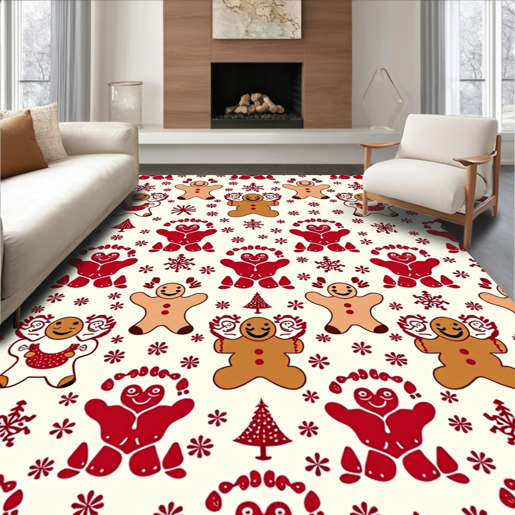 Whimsical Gingerbread Men Snowflakes Tree Rug