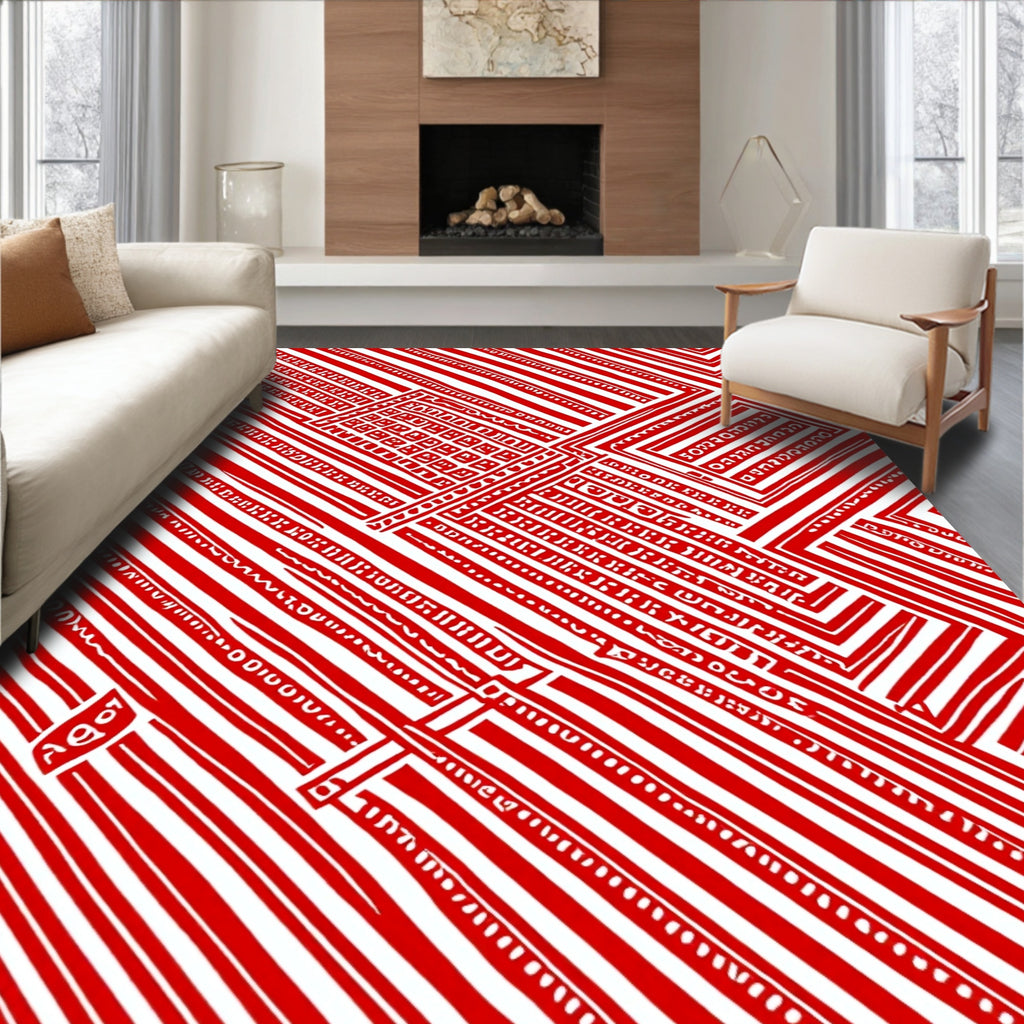 Crimson Geometric Maze Lines Rug