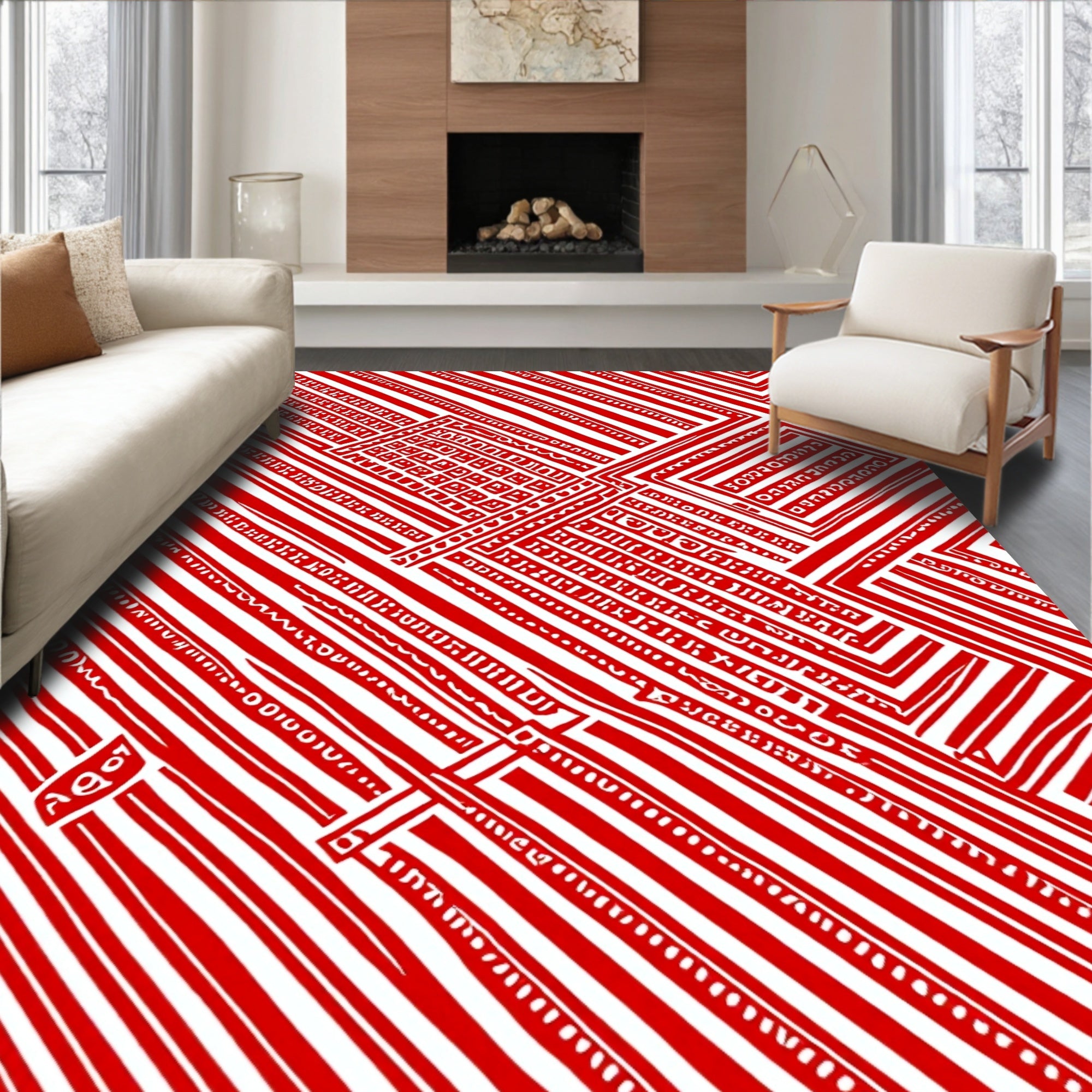 Crimson Geometric Maze Lines Rug