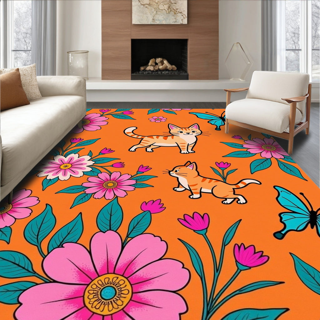 Whimsical Orange Cat Butterfly Garden Rug