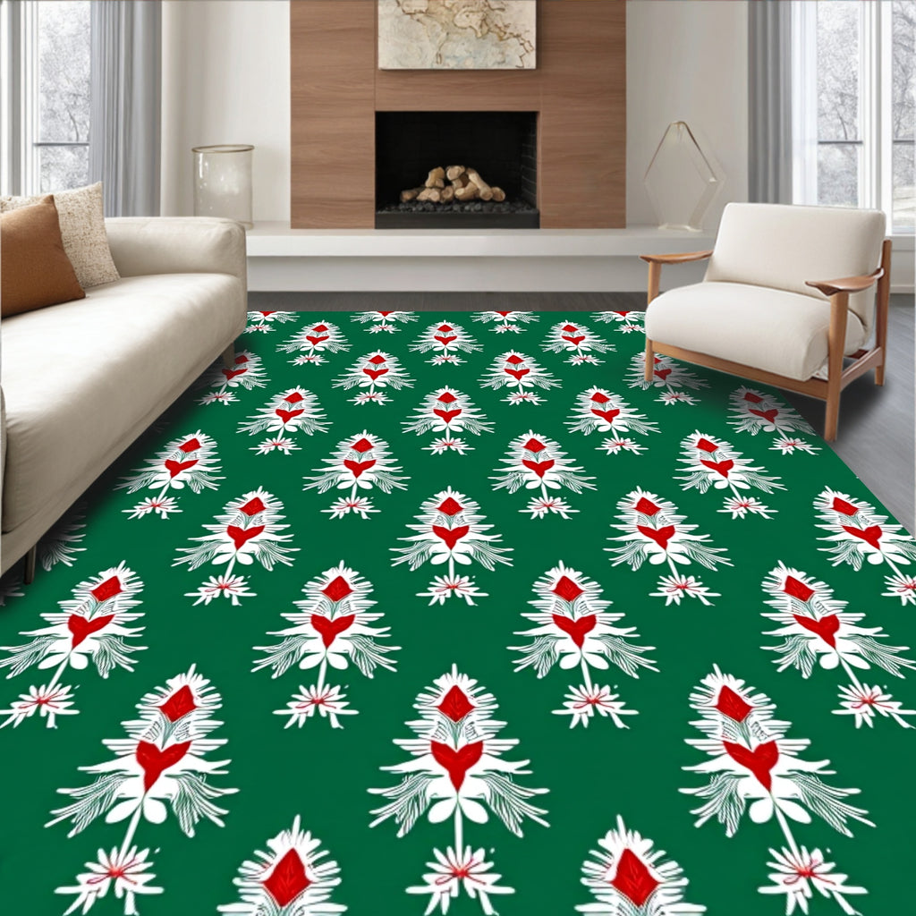 Green Red White Stylized Floral Repeat Rug