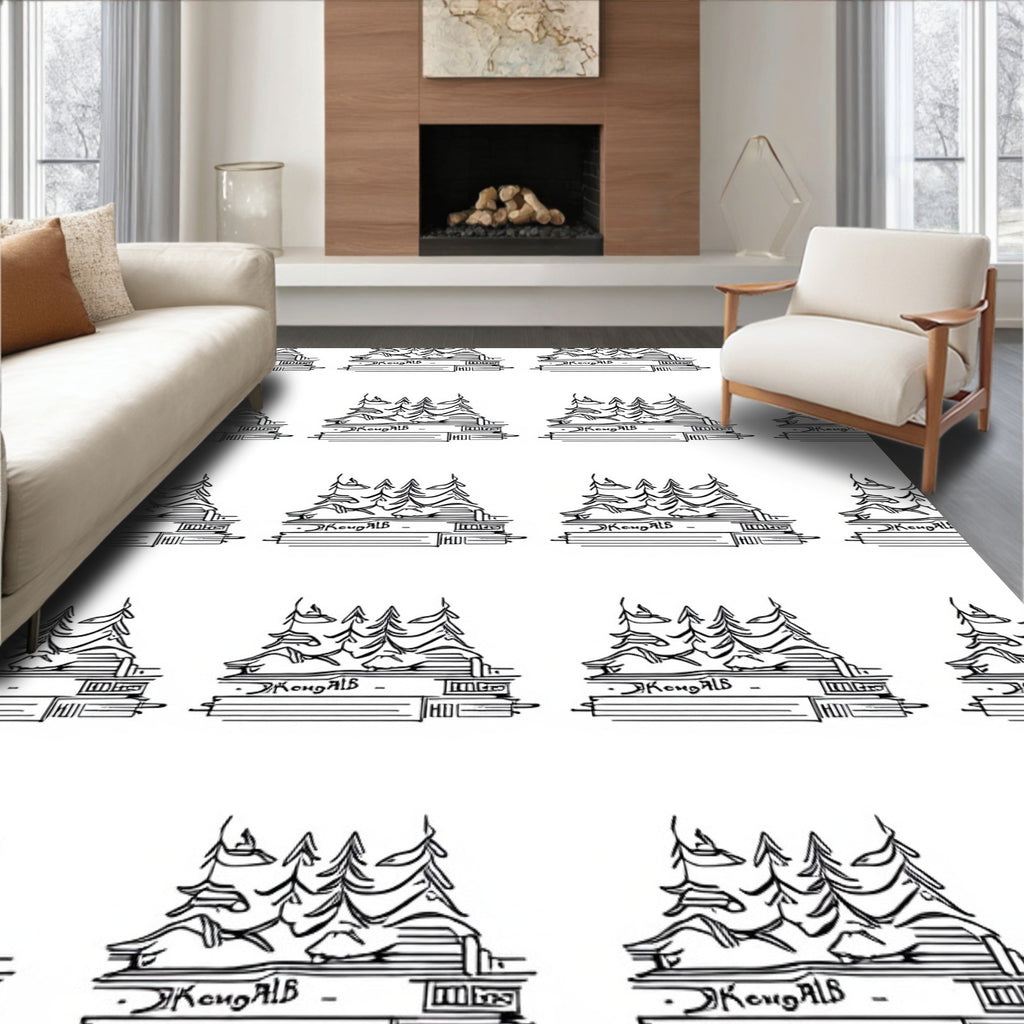 Minimalist Evergreen Forest Line Drawing Rug