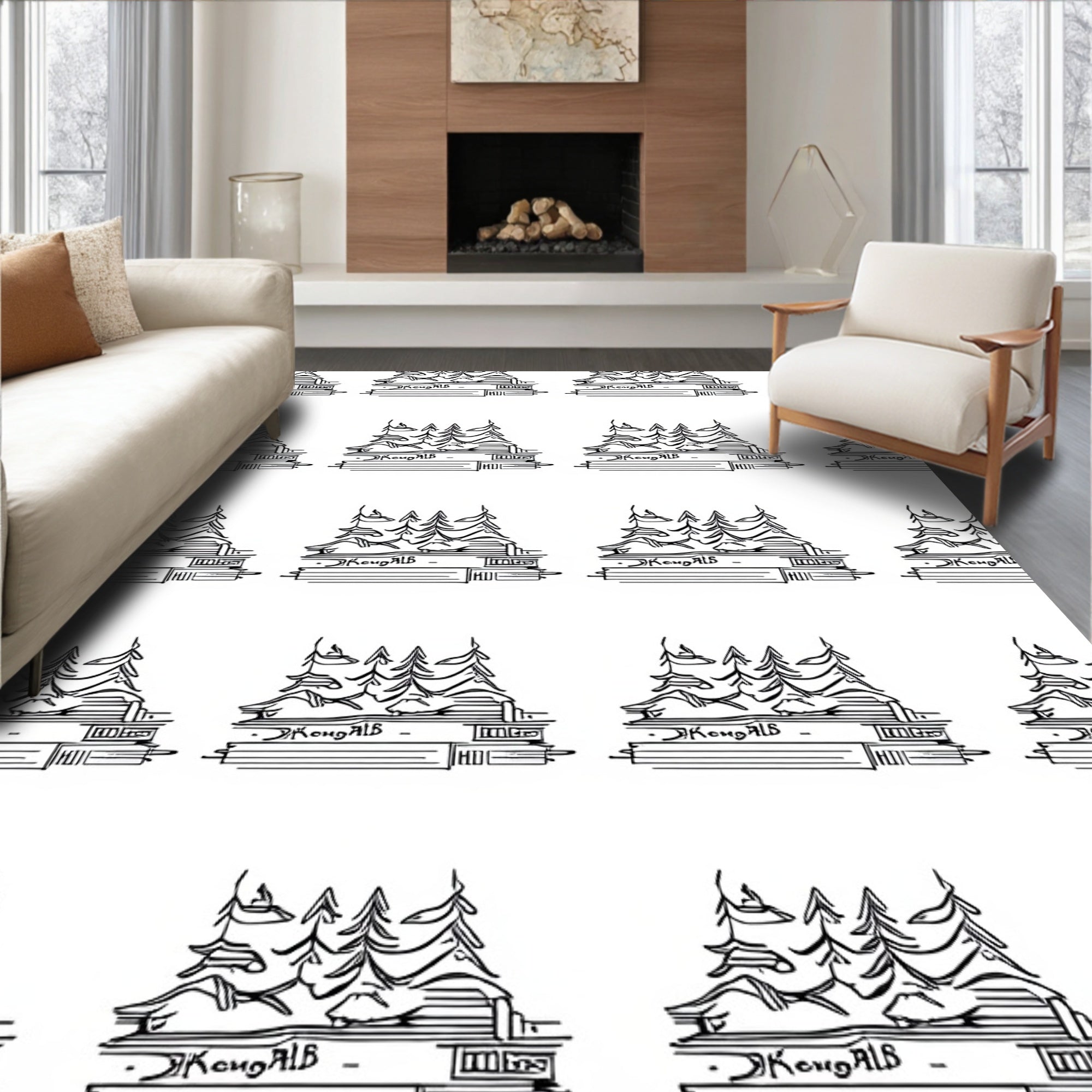 Minimalist Evergreen Forest Line Drawing Rug