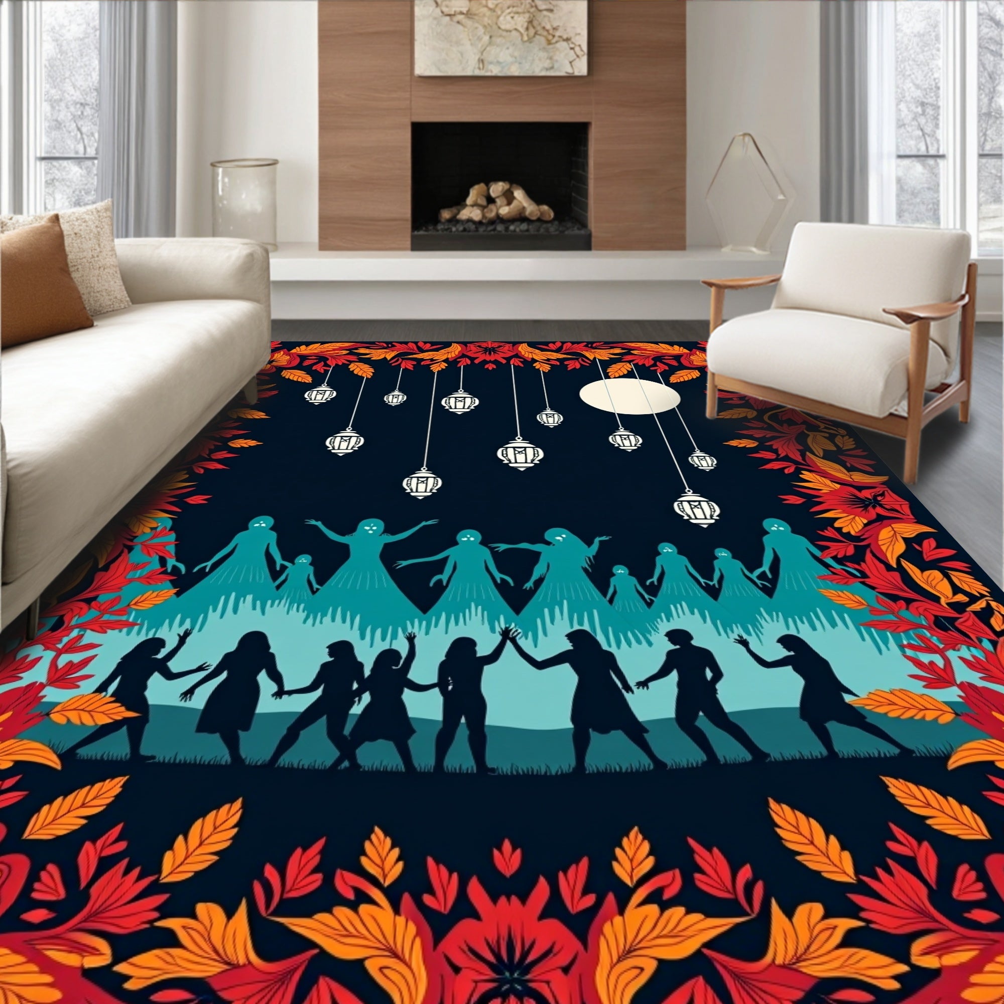 Orange Floral Lantern Night Celebration Rug