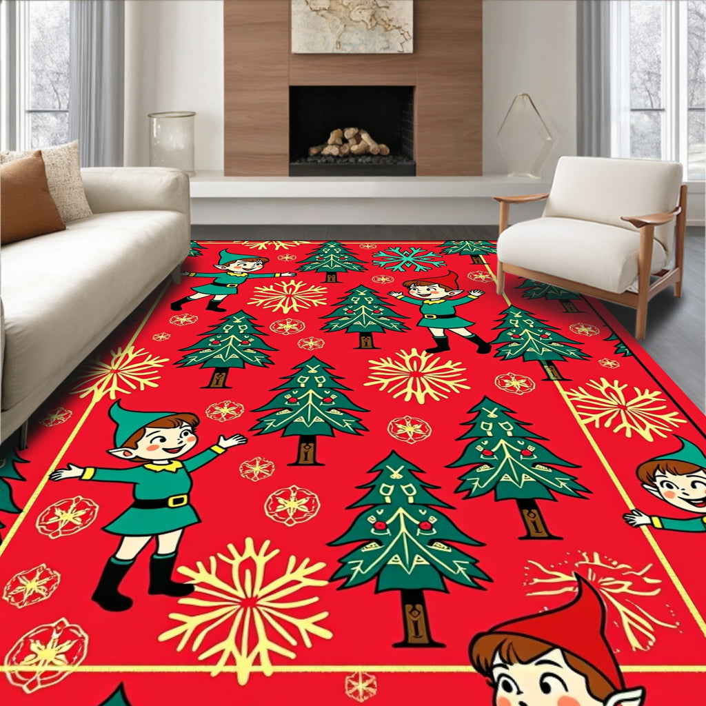 Joyful Christmas Elf Snowflake Forest Rug
