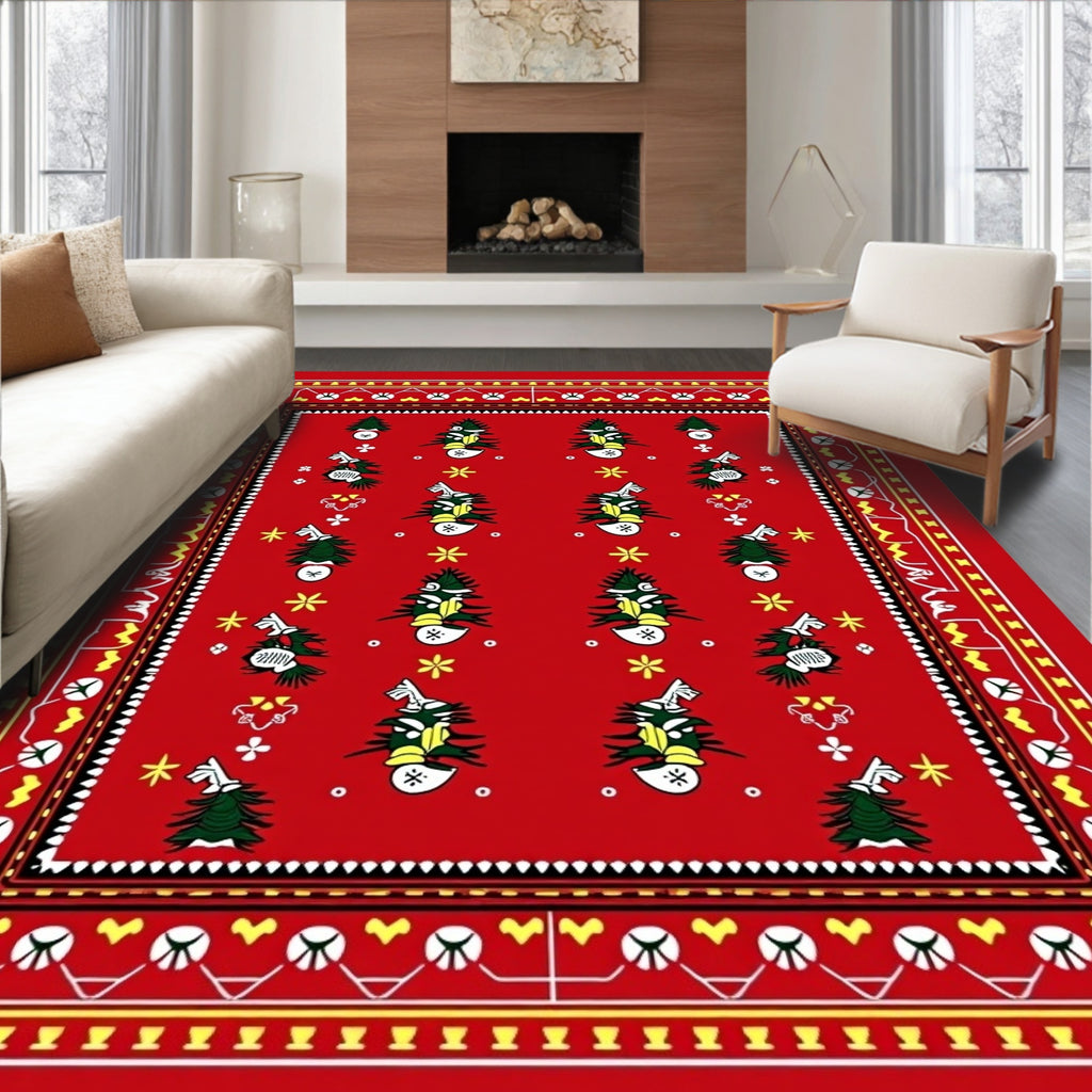 Red Folk Art Christmas Tree Rug