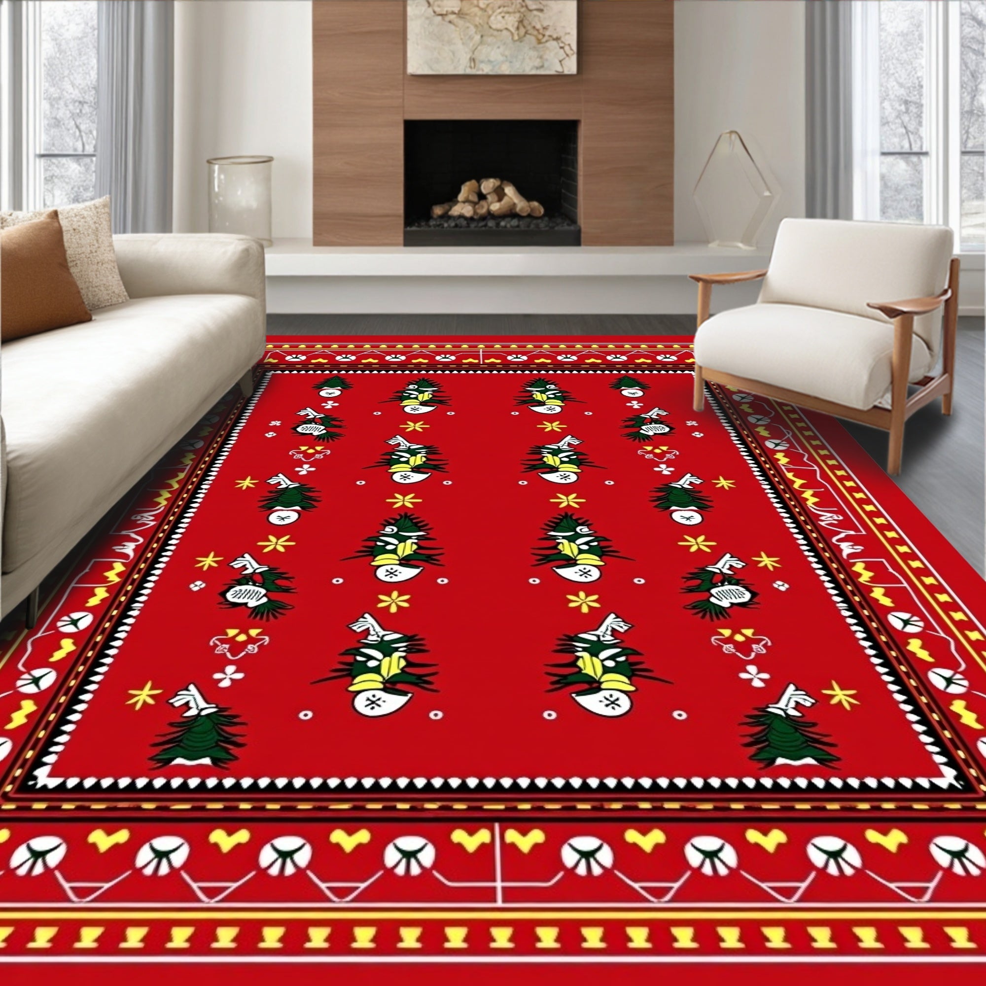 Red Folk Art Christmas Tree Rug