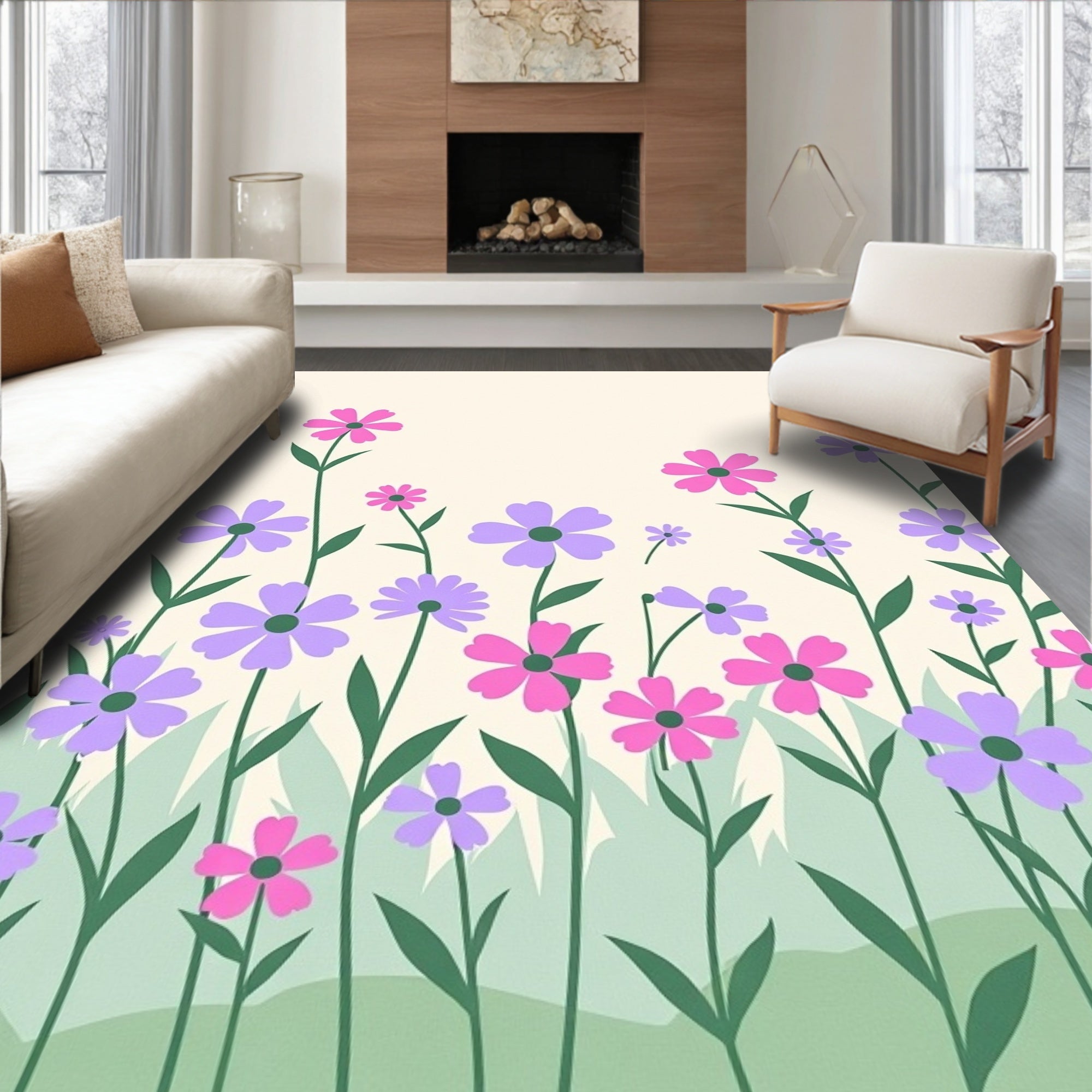 Pink Purple Flower Field Border Rug