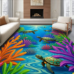 Underwater Sea Turtle Teal Coral Garden Rug