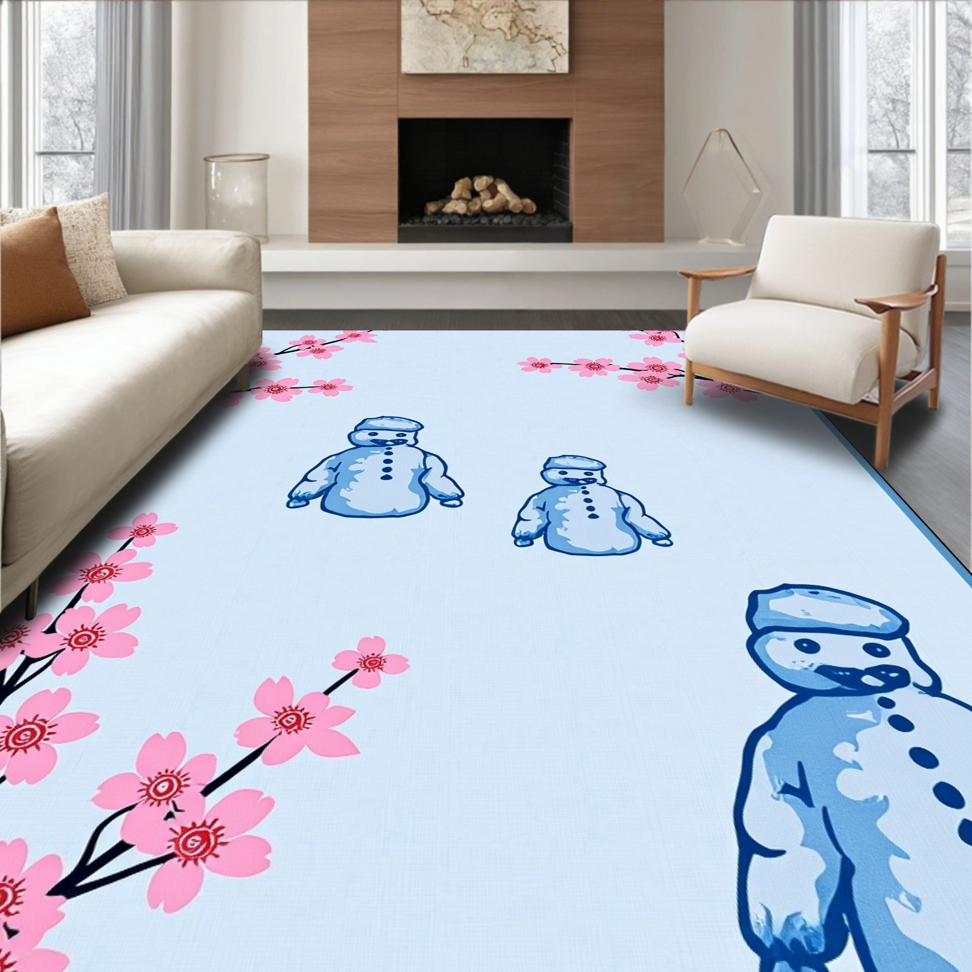 Blue Snowman Pink Cherry Blossom Scene Rug