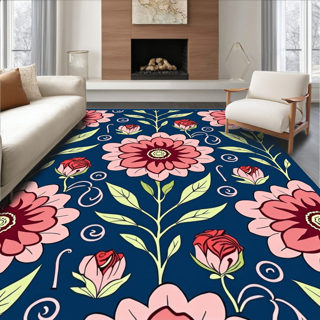 Deep Blue Coral Floral Garden Rug