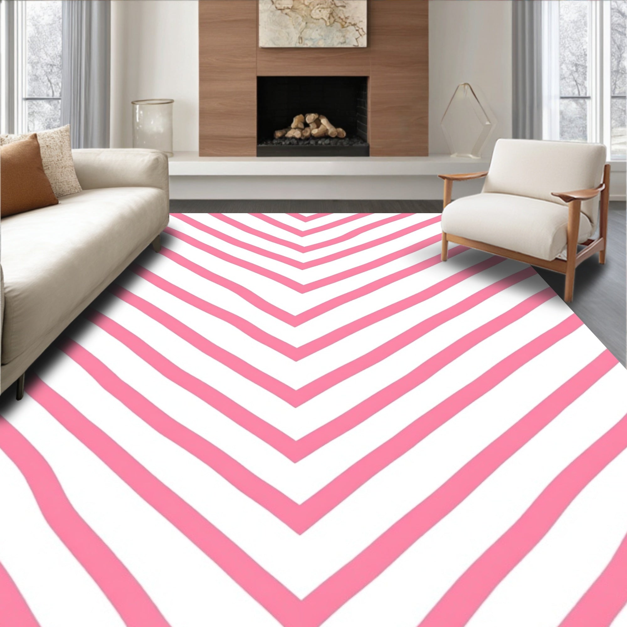 Pink White Chevron Stripe Rug