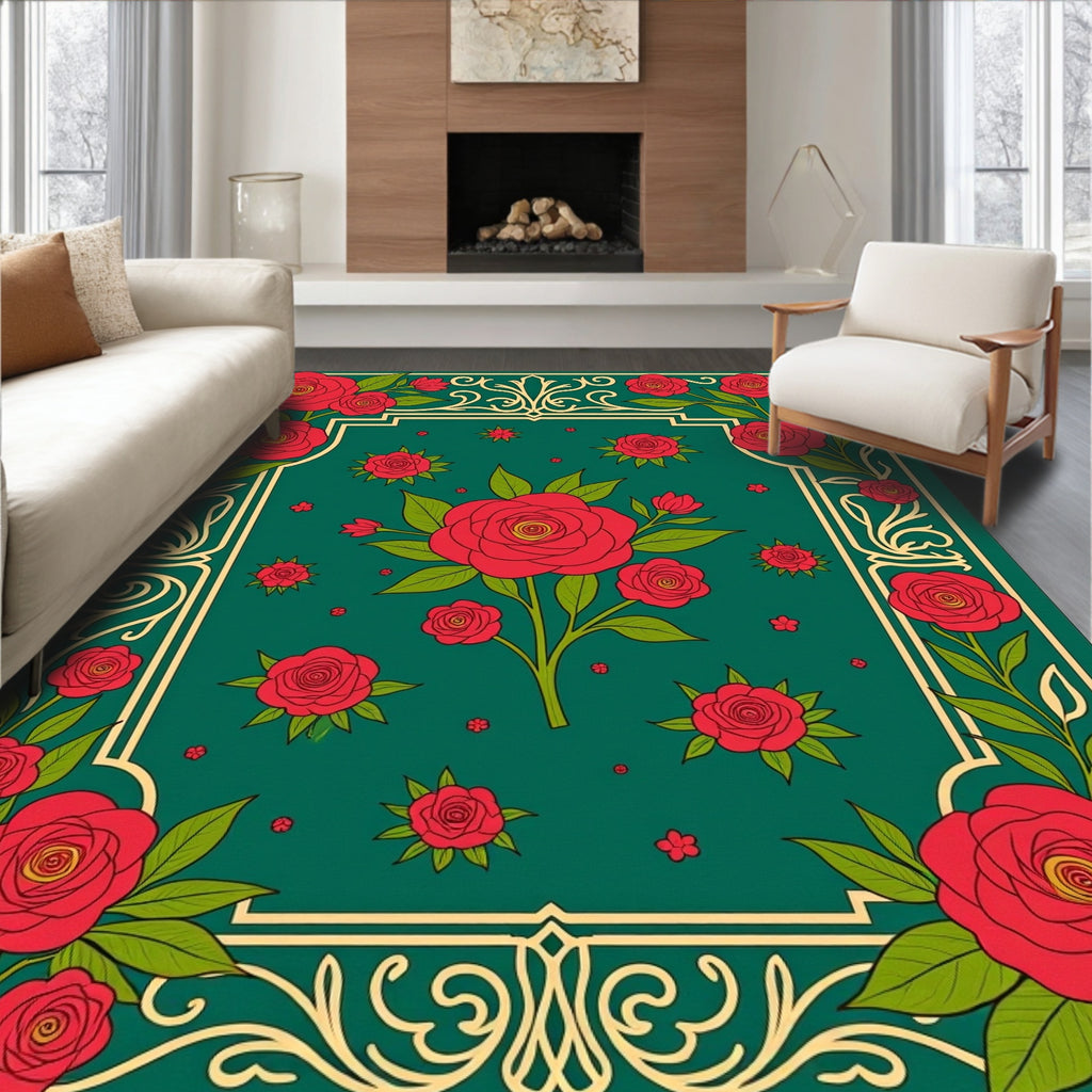 Deep Emerald Red Rose Garden Rug