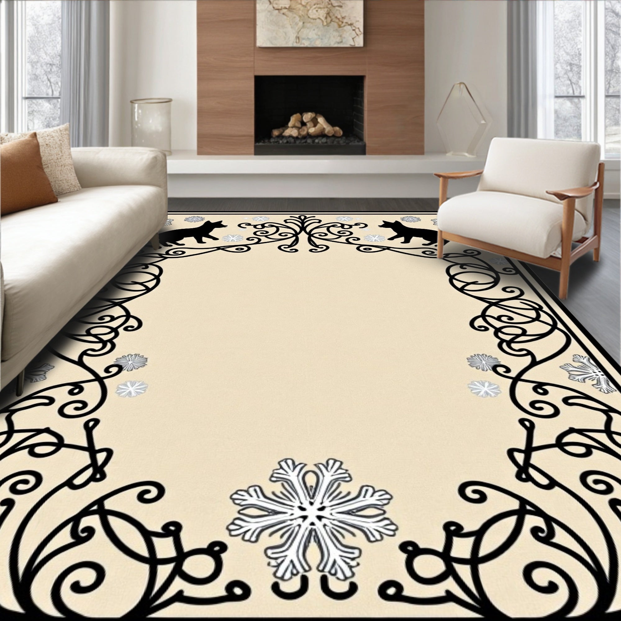 Black Cats And Snowflakes Scroll Border Rug