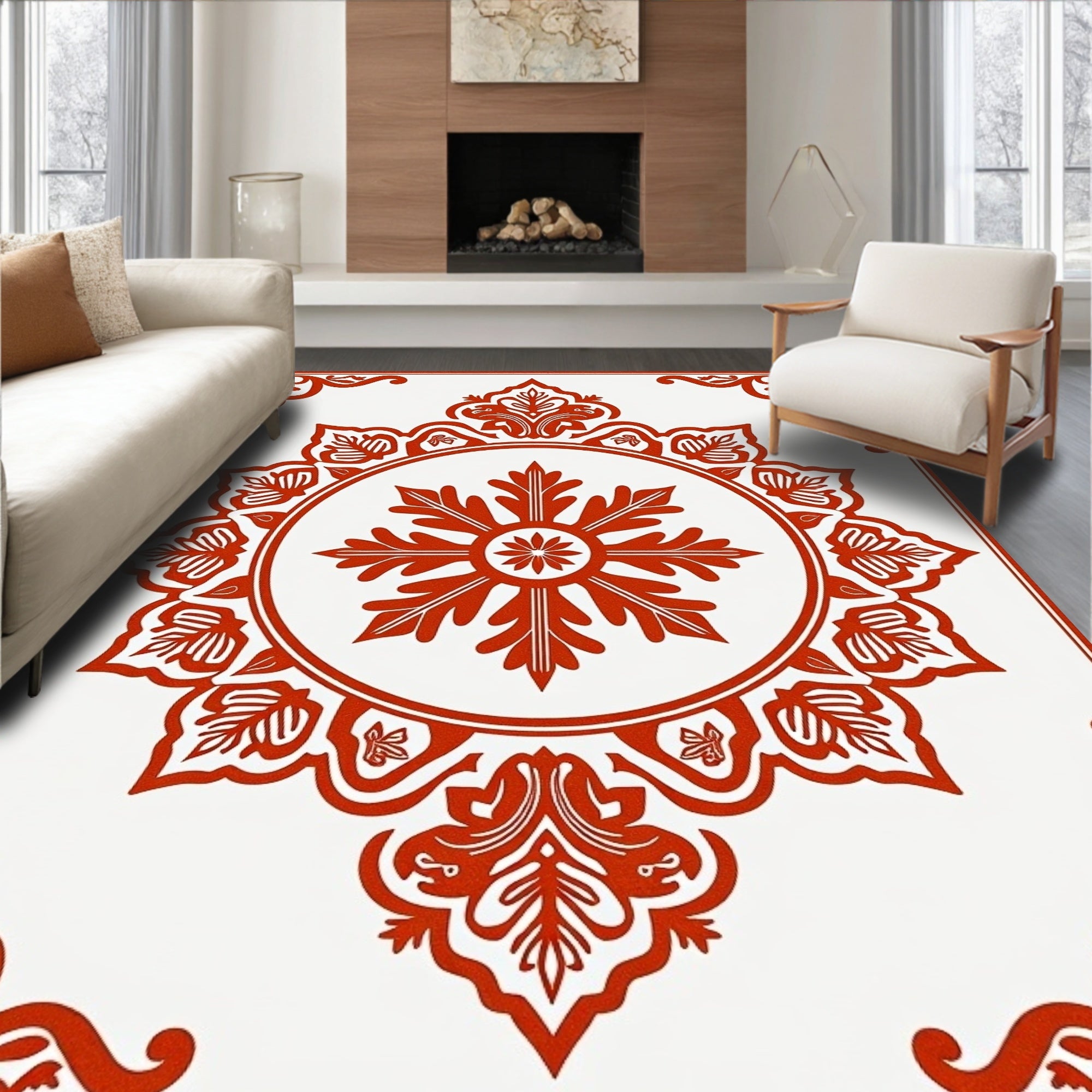 Crimson Floral Medallion Radial Rug