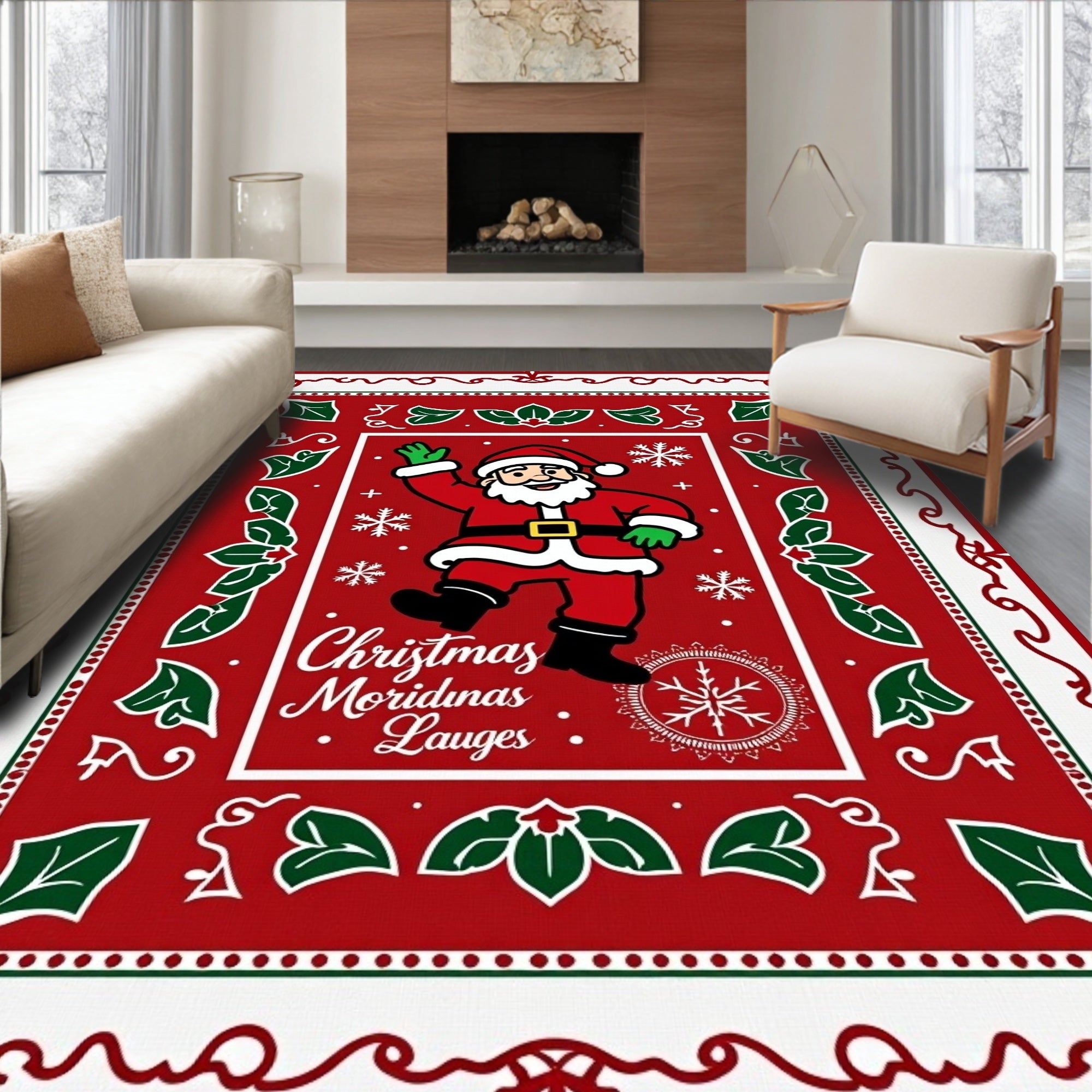 Jolly Santa Claus Christmas Holly Rug