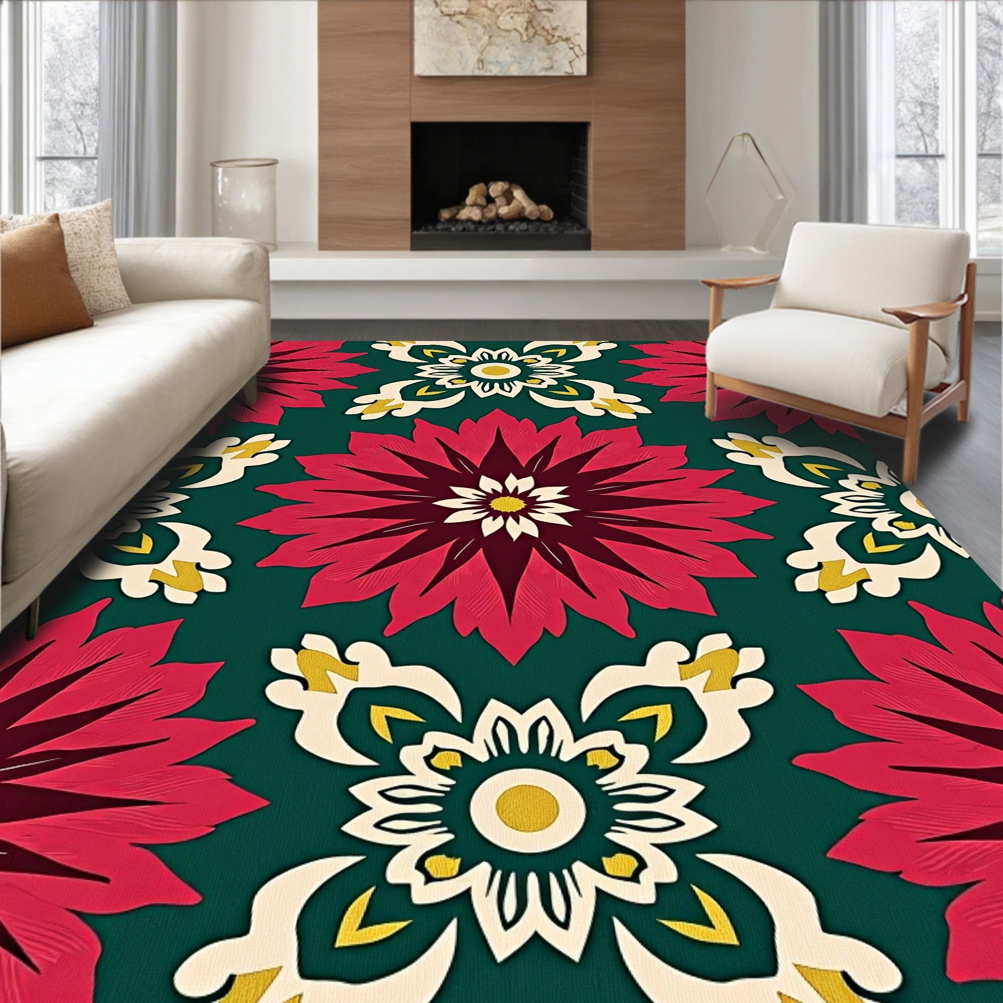 Crimson Floral Medallion Teal Rug