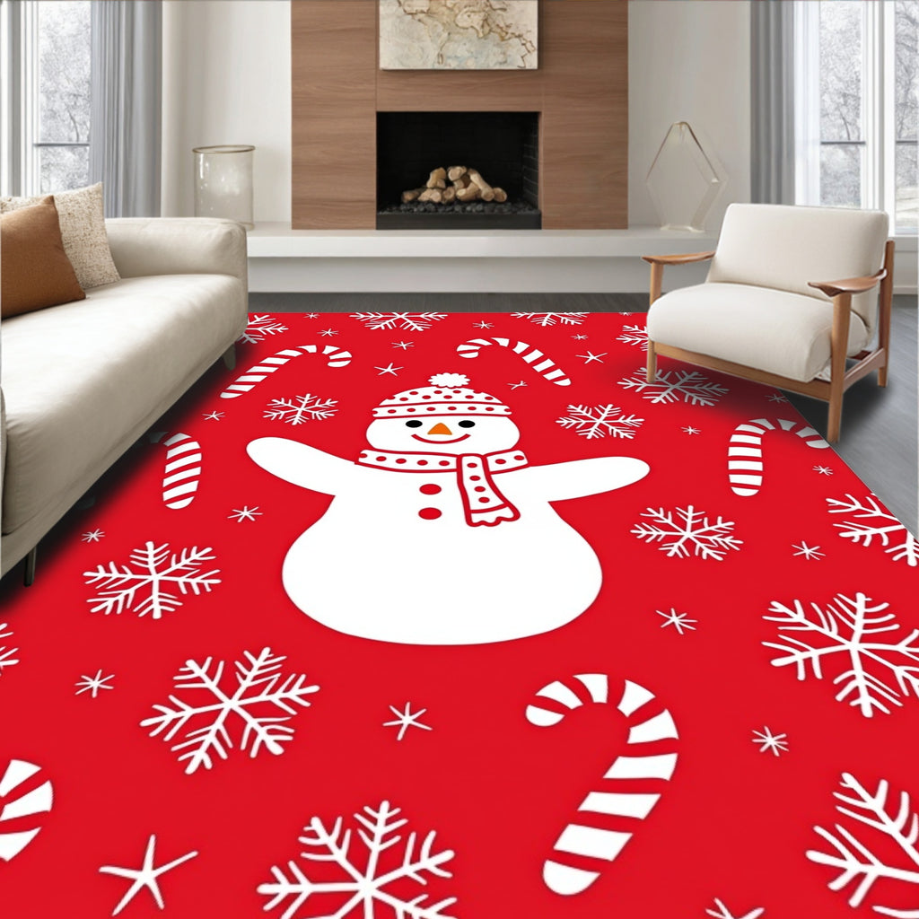 Festive Red Snowman Candy Cane Snowflakes Rug