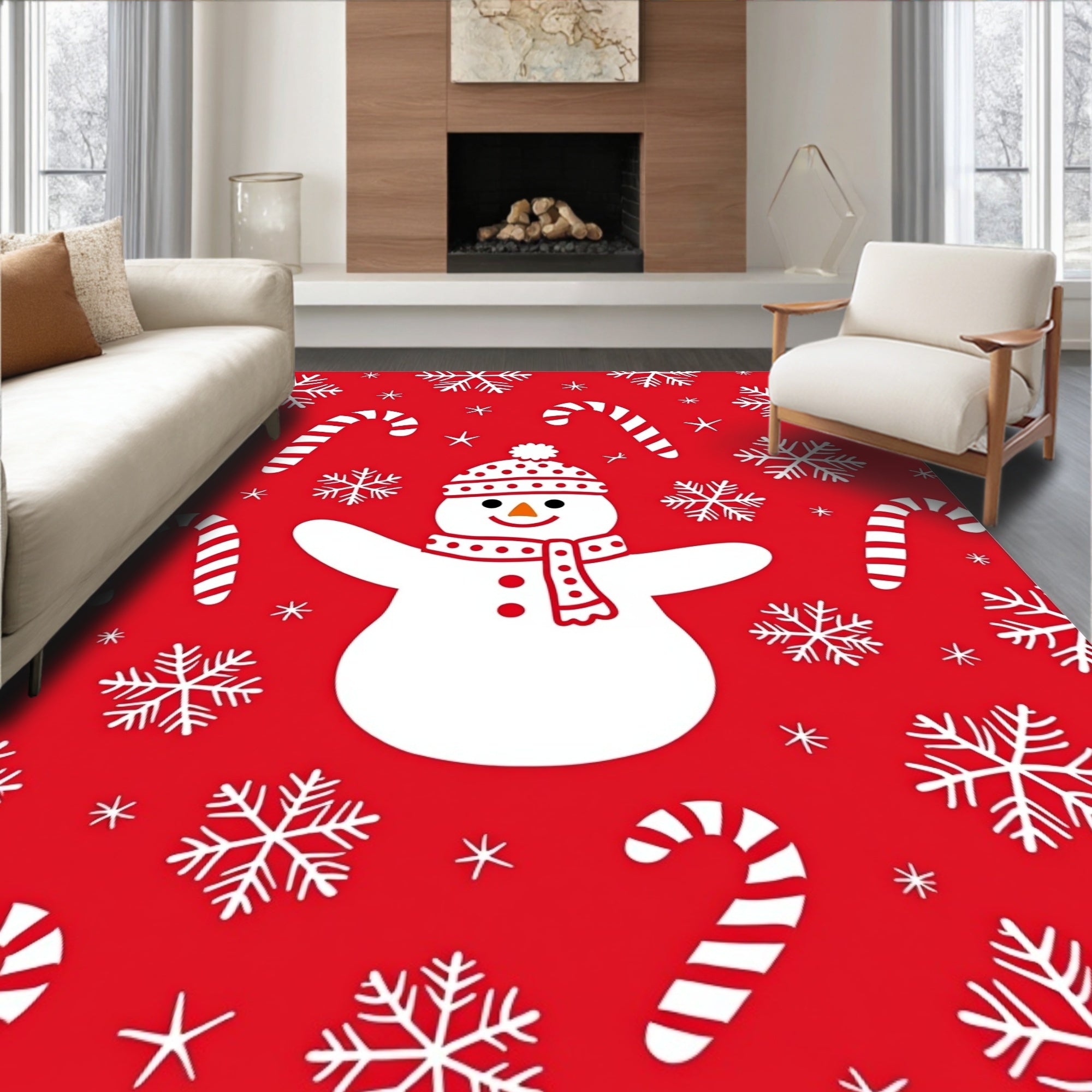Festive Red Snowman Candy Cane Snowflakes Rug