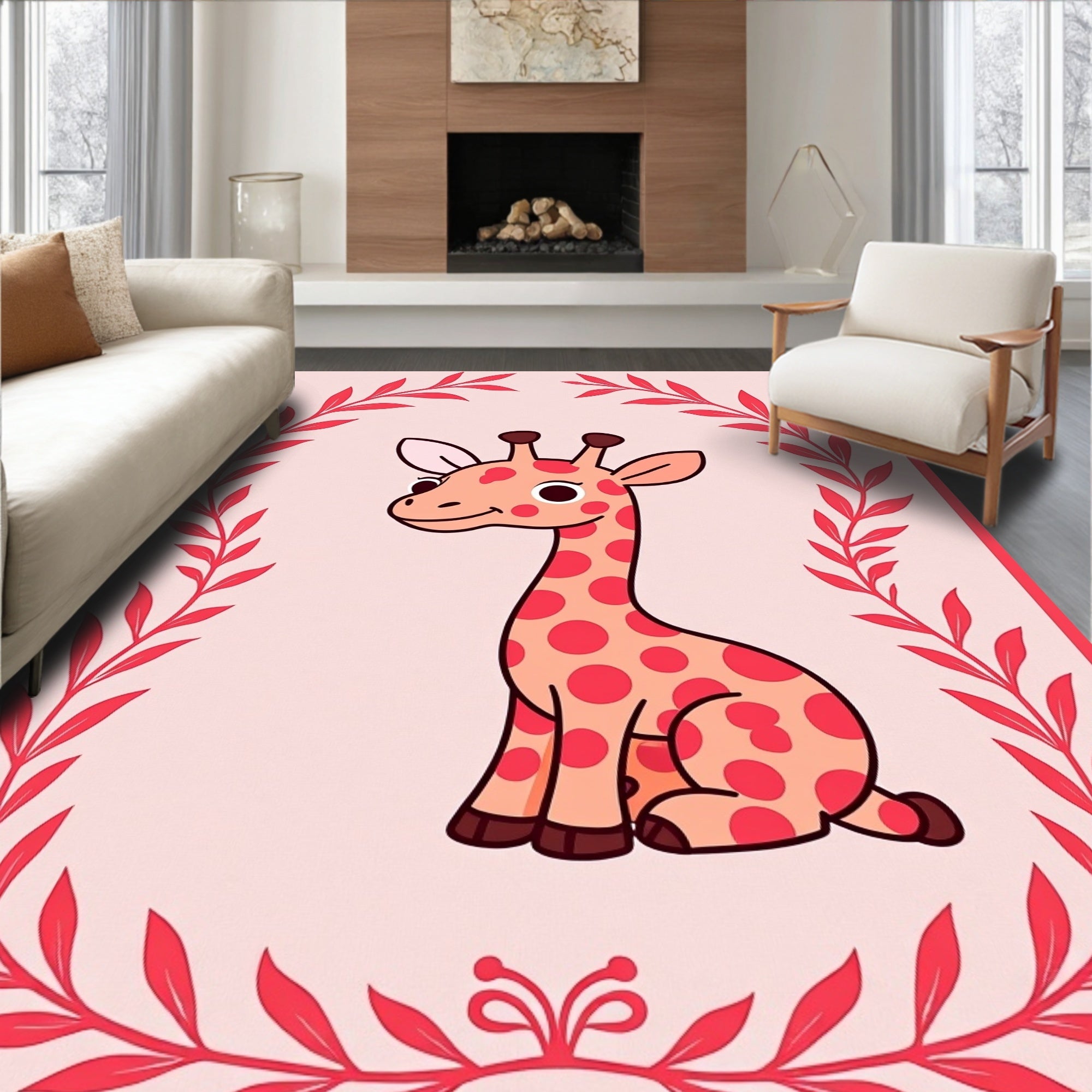 Cute Giraffe Framed In Red Leaves Rug