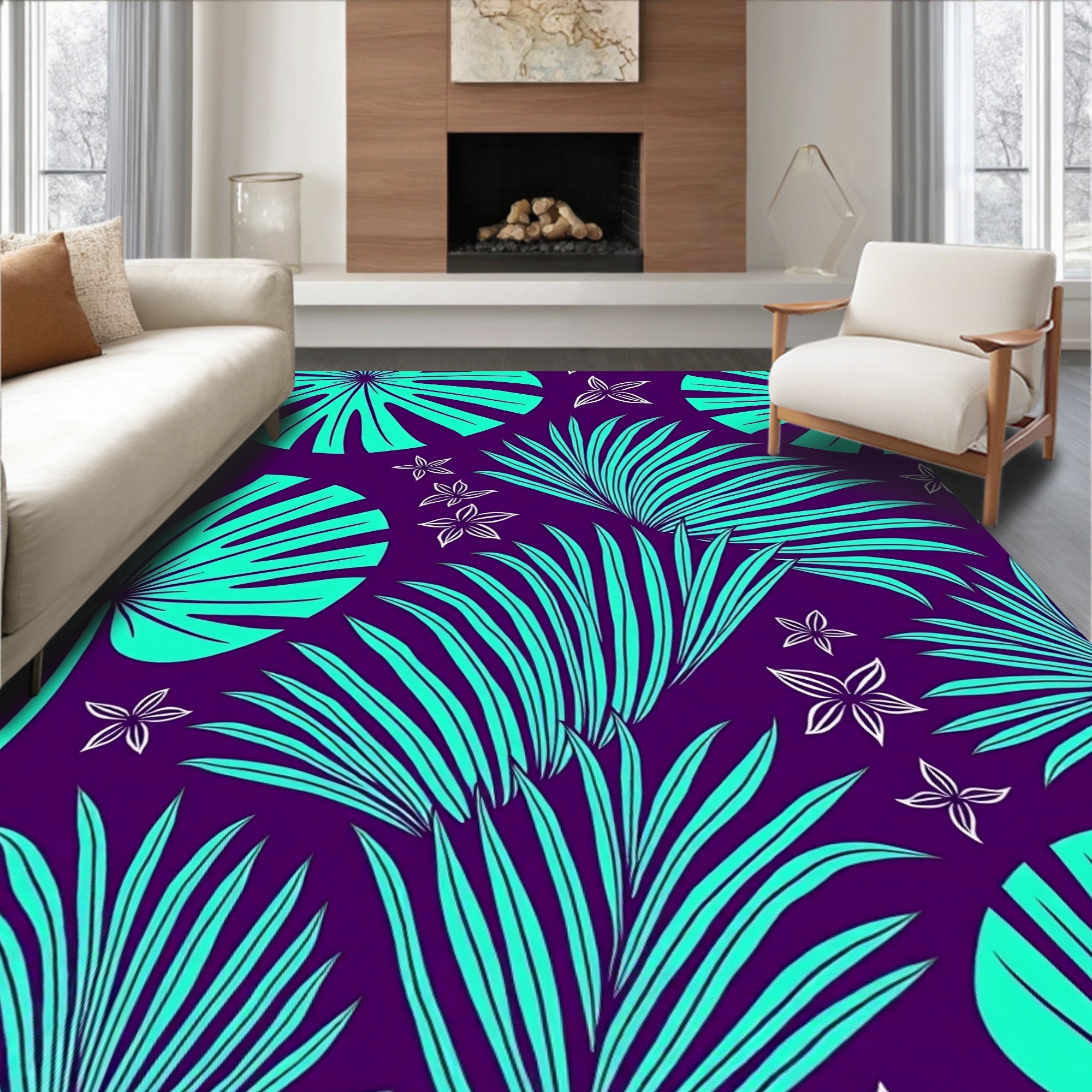 Tropical Teal Giant Leaf Purple Rug