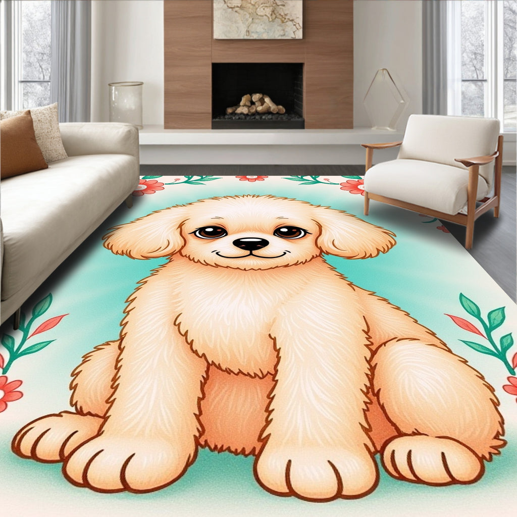 Whimsical Cream Puppy Floral Garden Rug