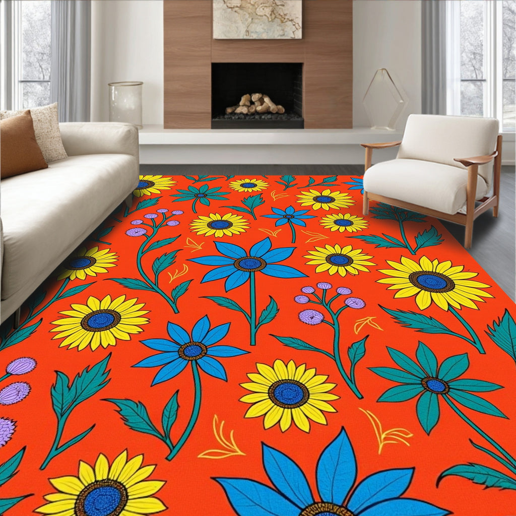 Vibrant Yellow Blue Floral Garden Rug