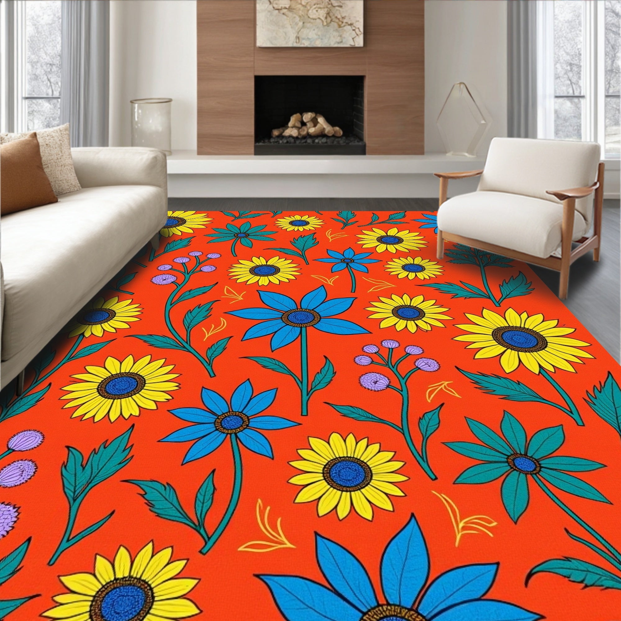 Vibrant Yellow Blue Floral Garden Rug