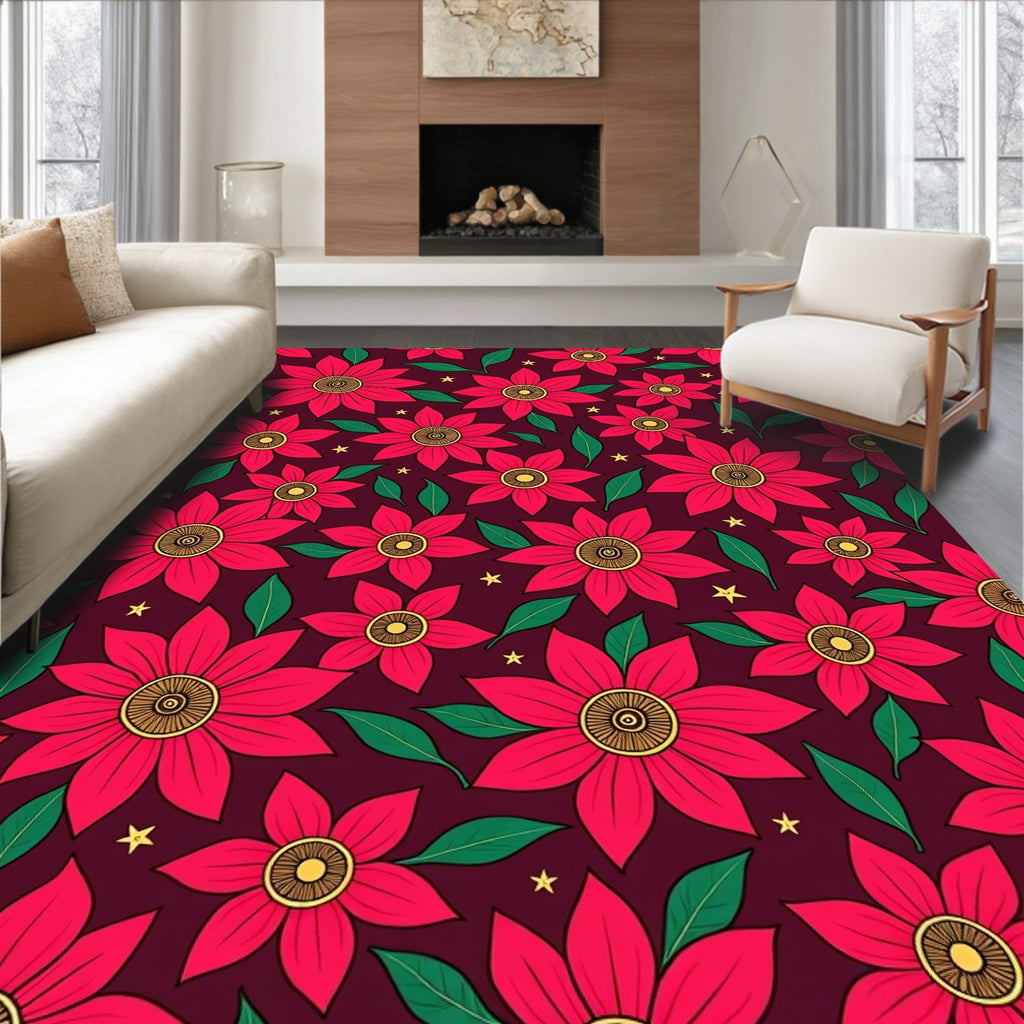 Crimson Floral Star Background Rug