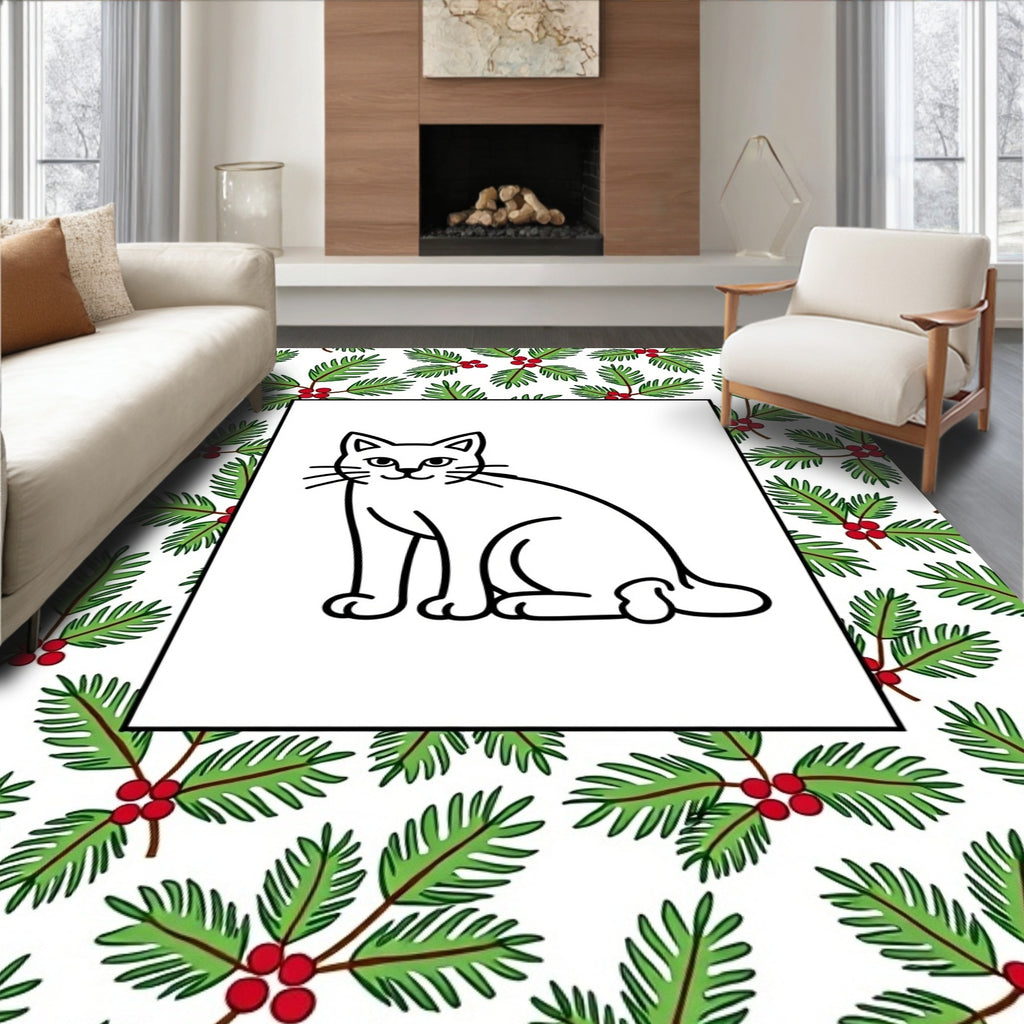Cute Feline Holly Berries Border Rug