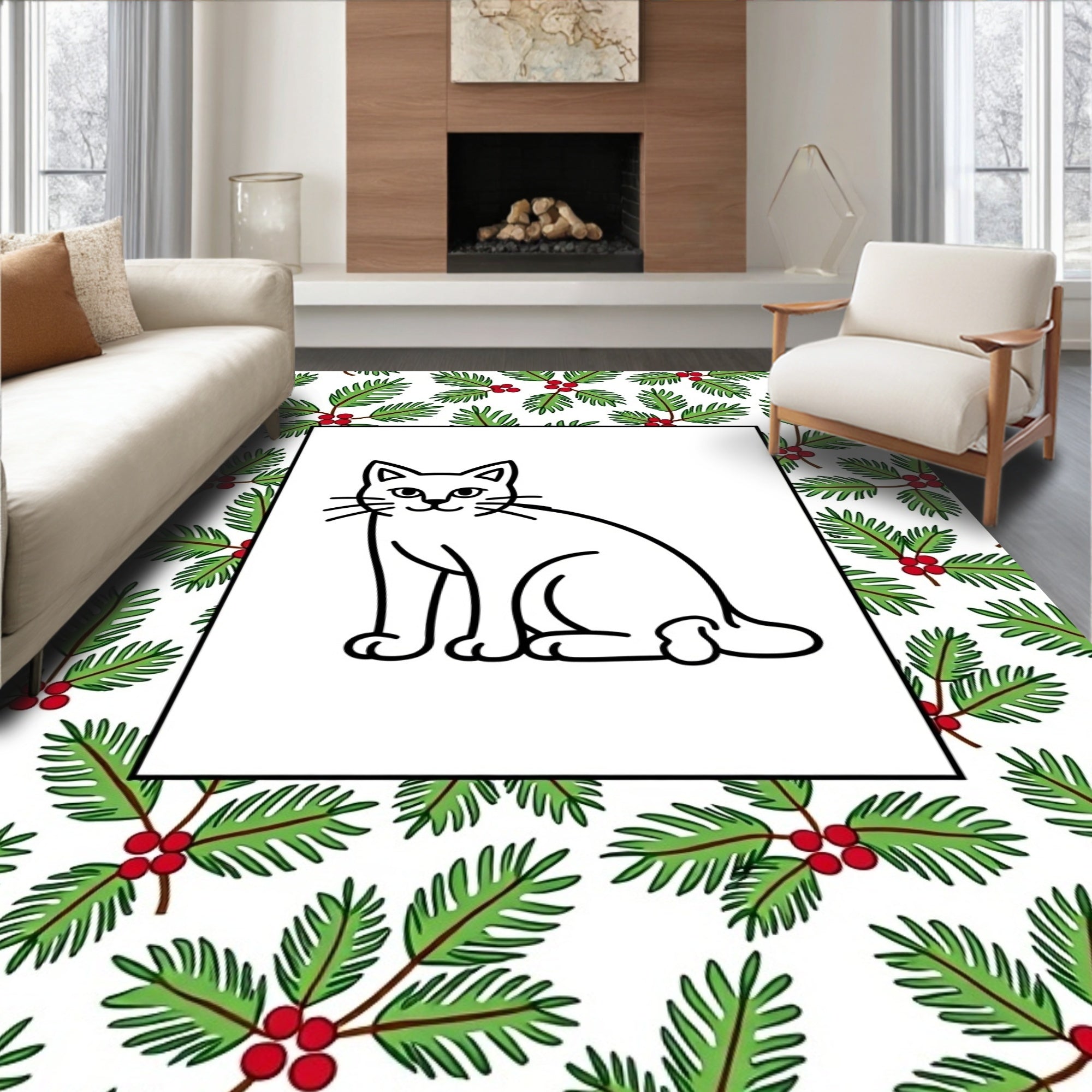 Cute Feline Holly Berries Border Rug