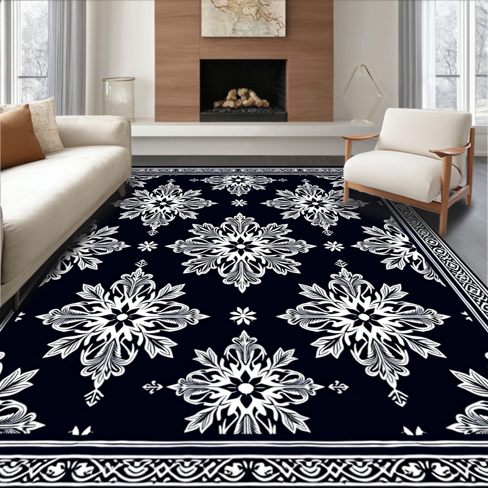 Ornate Midnight White Floral Medallion Rug