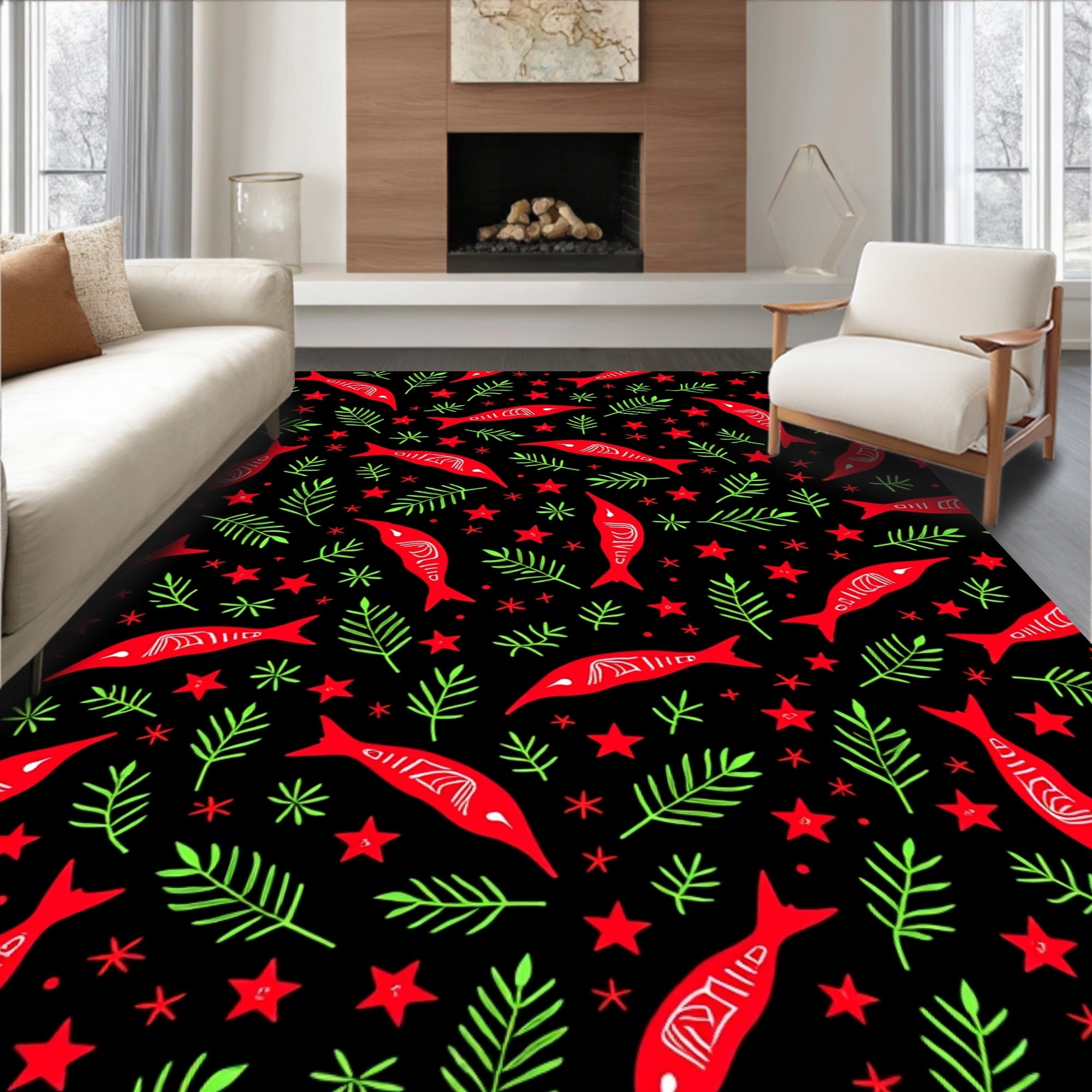 Red Fish Green Leaves Starry Black Rug
