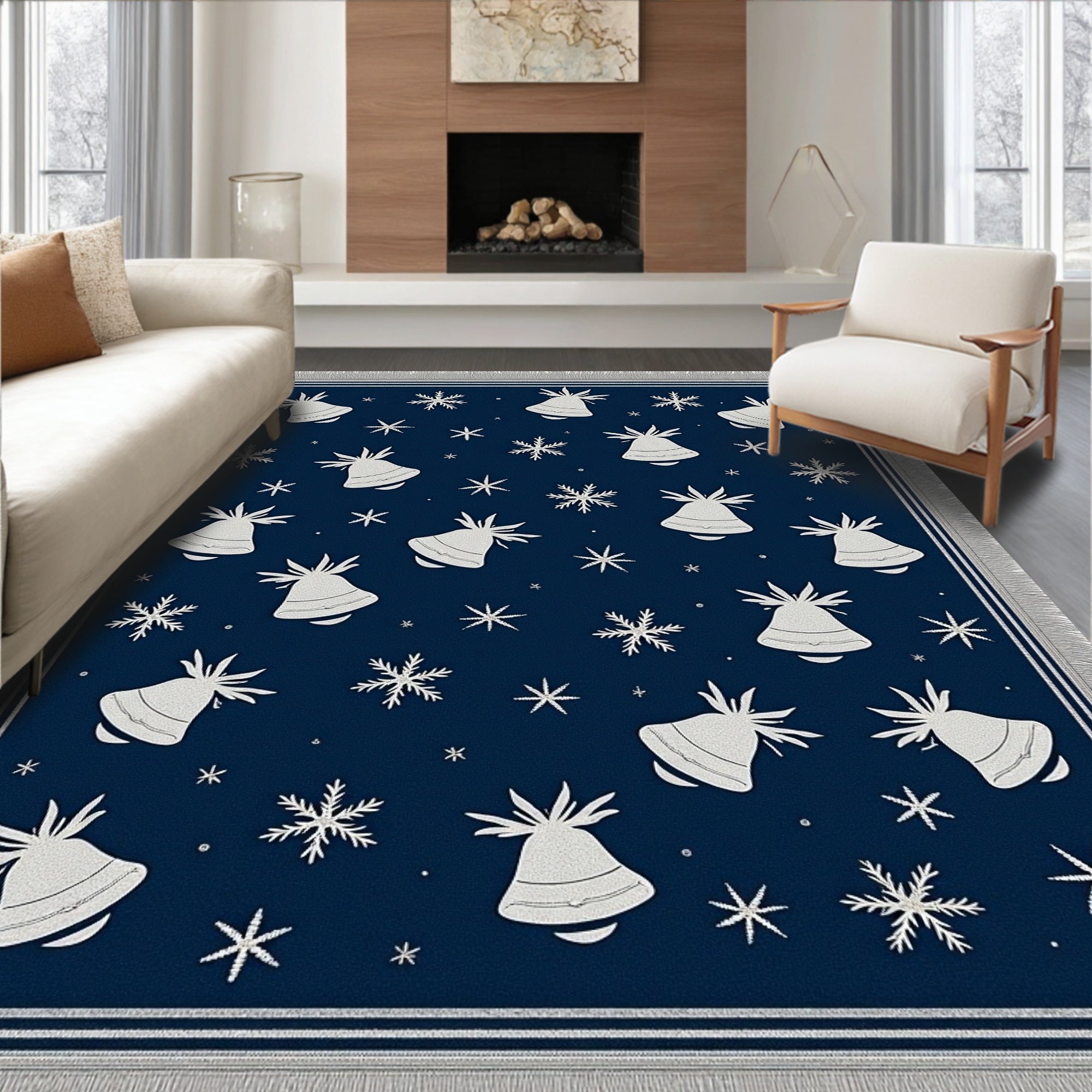 Navy White Bell Snowflake Repeat Rug