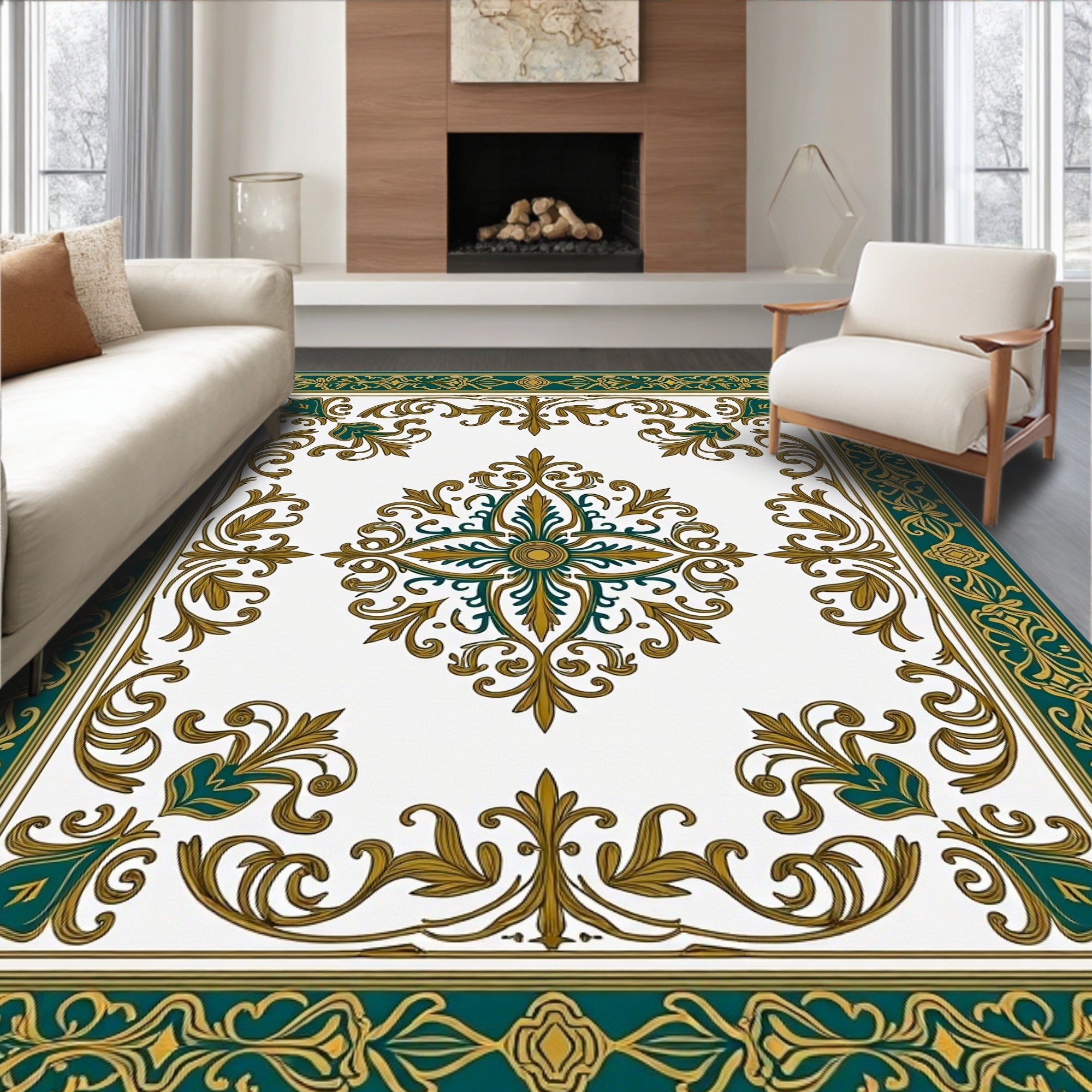 Elegant Teal Gold Medallion Border Rug