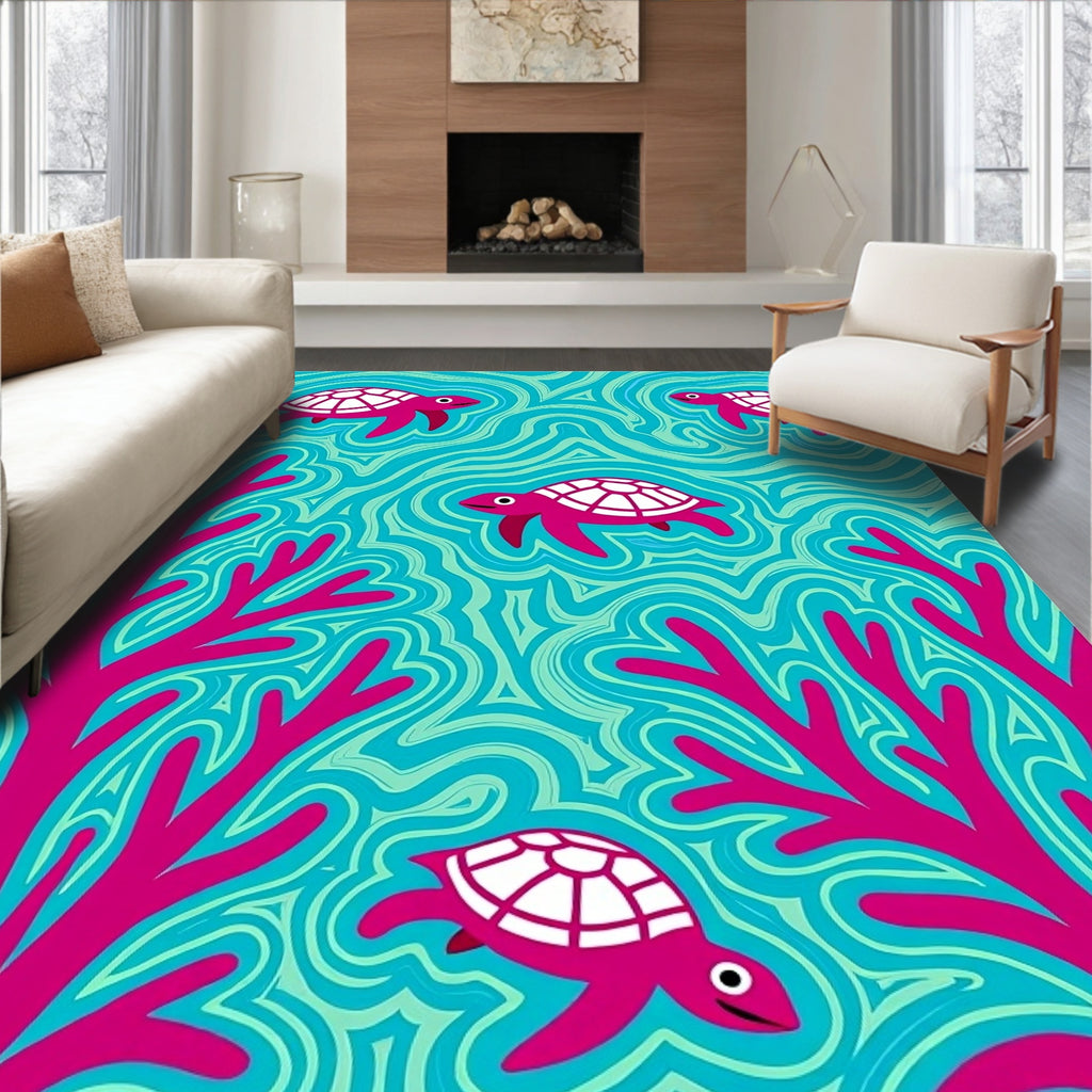 Bold pink turtles and coral aqua waves Rug