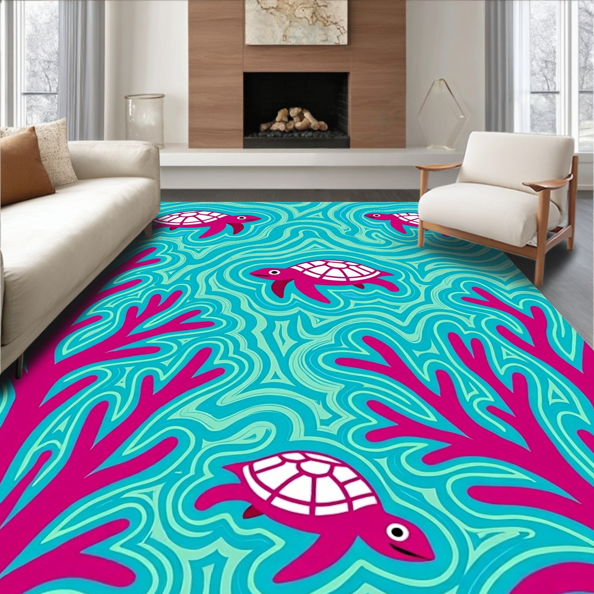 Bold pink turtles and coral aqua waves Rug