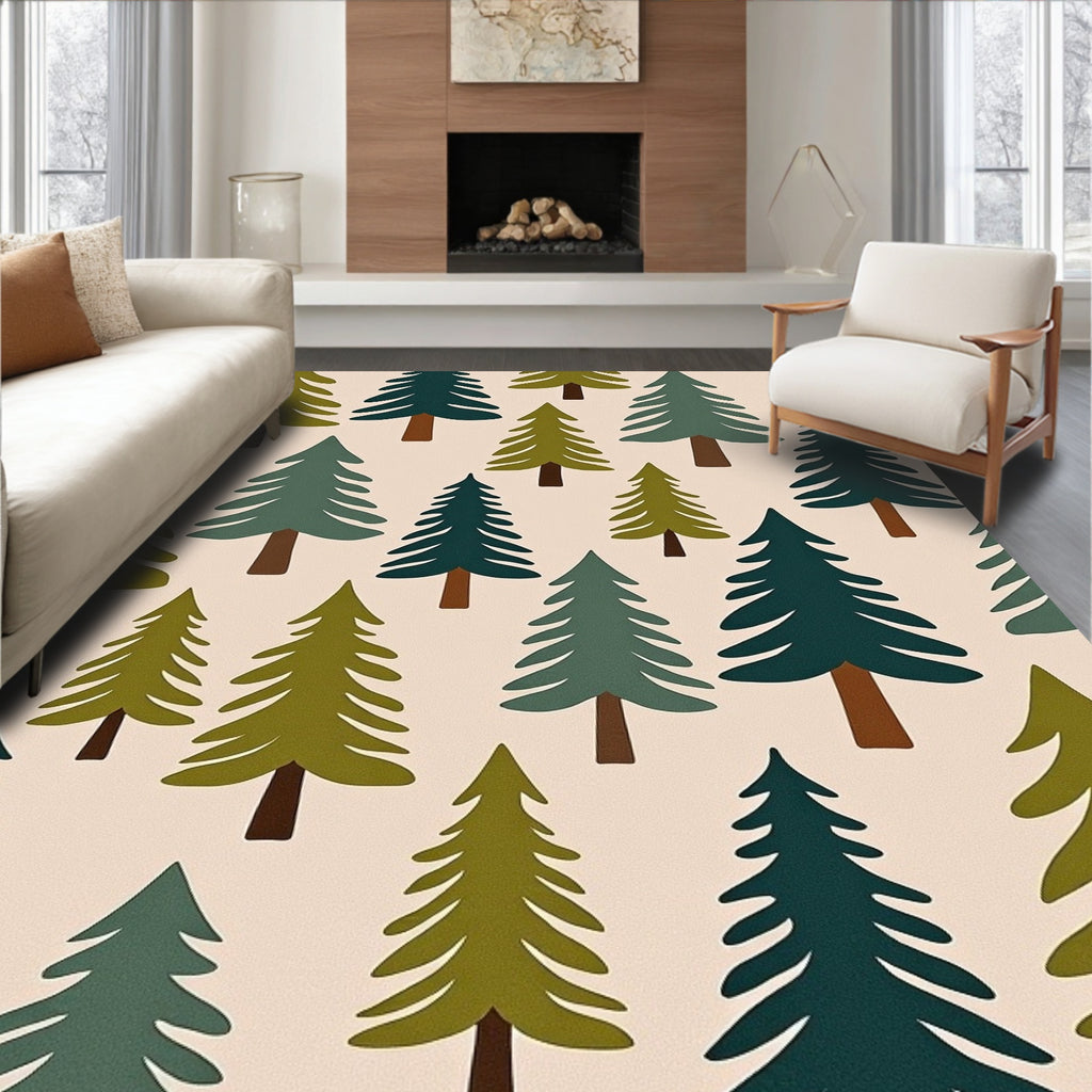 Woodland Forest Pine Trees Khaki Rug